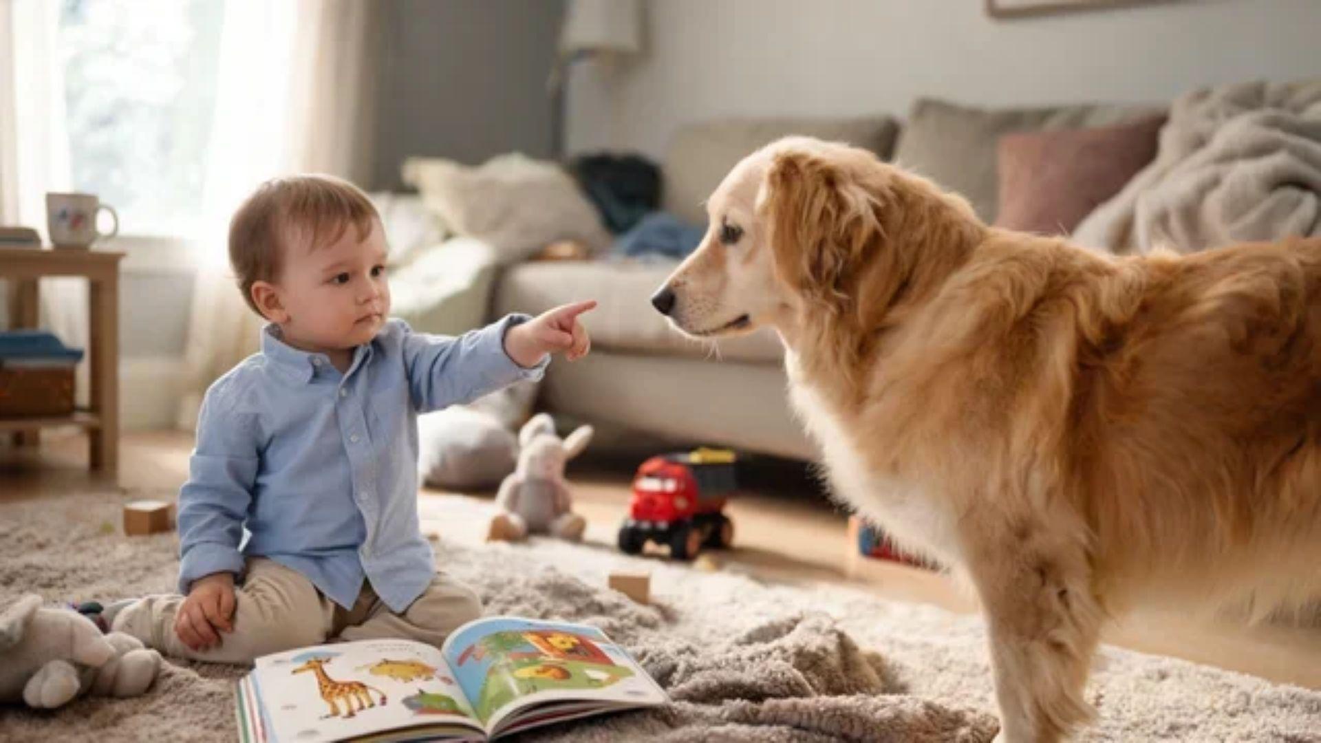 Toddler pointing at a toy dog among scattered cow, cat, duck, and sheep toys