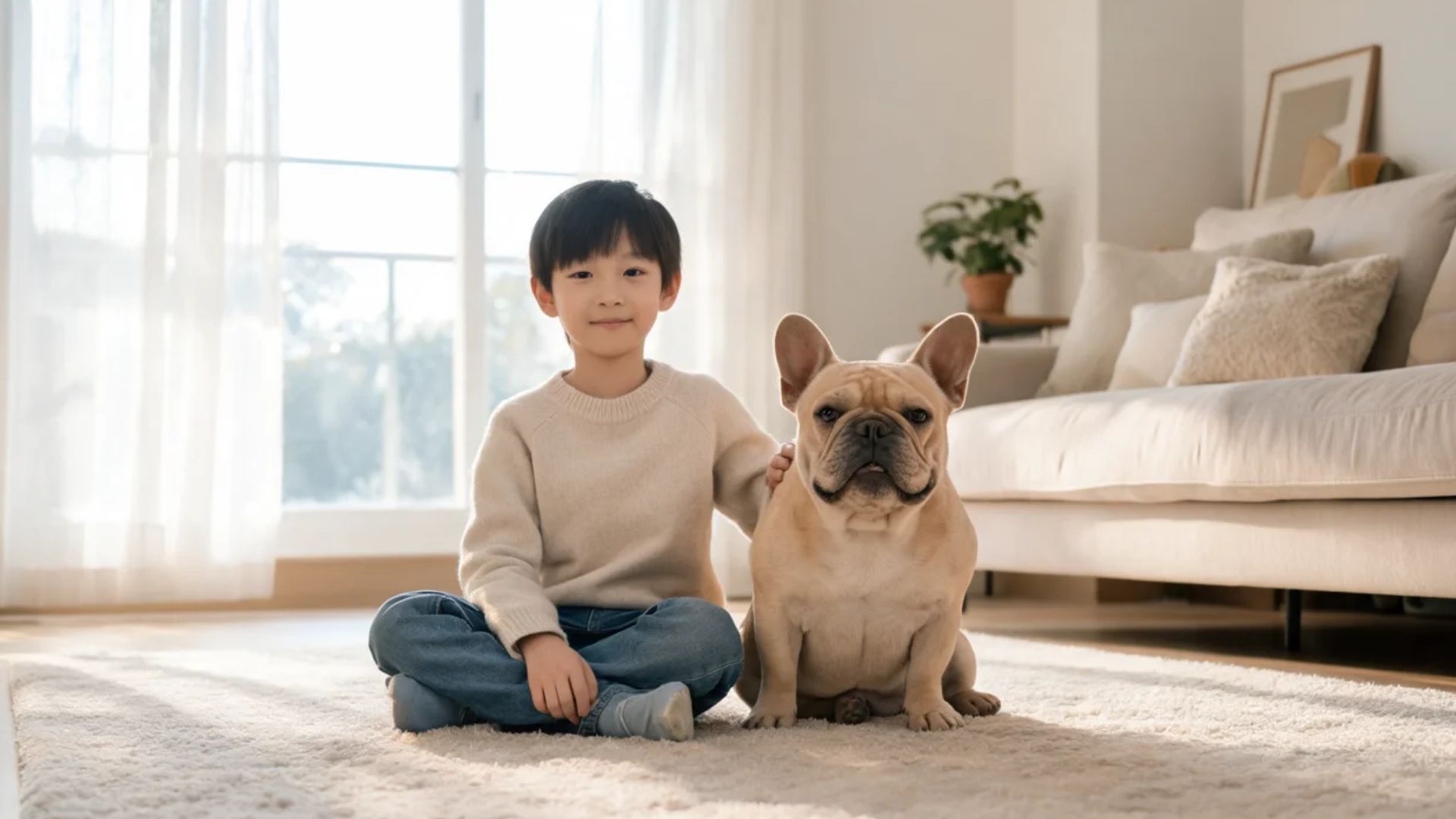 A young child sits beside a French Bulldog in a bright family living room.