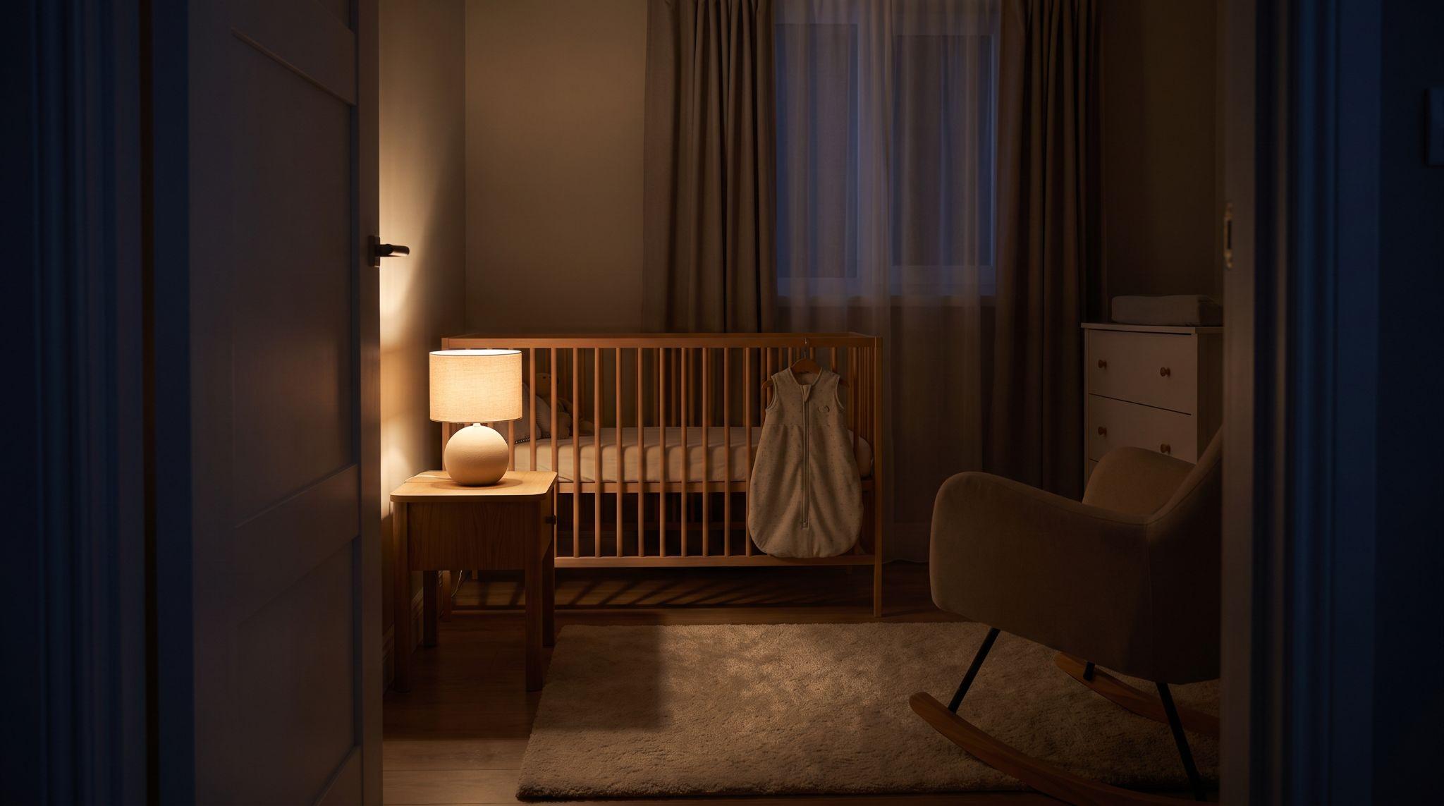 Baby sleep space in a dim bedroom at night with a small light on
