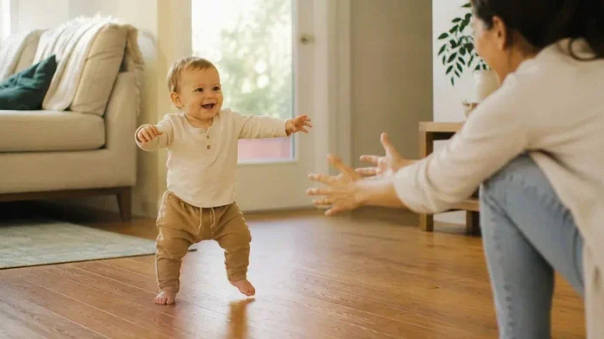 Toddler taking independent first steps toward mother.