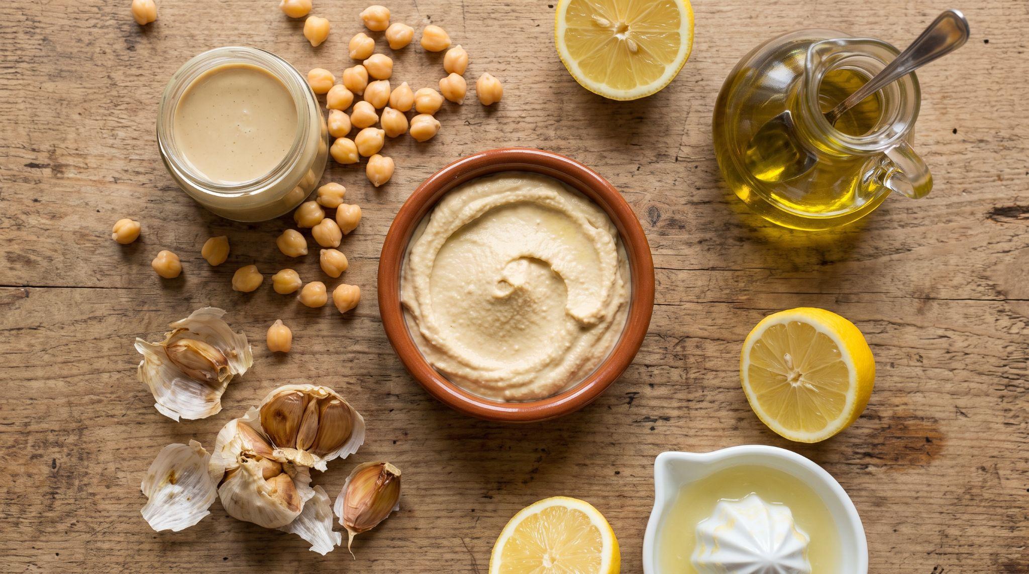 Baby hummus in a bowl with chickpeas, tahini, roasted garlic, lemon juice, and olive oil
