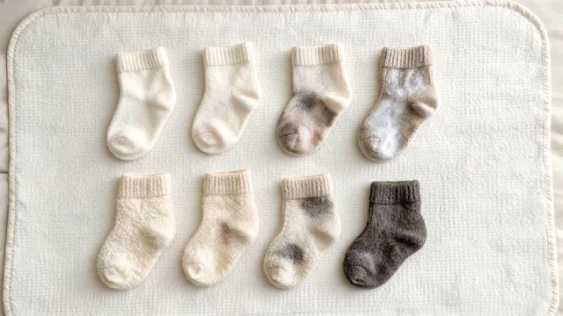 Damp baby socks arranged beside dry cotton and wool socks