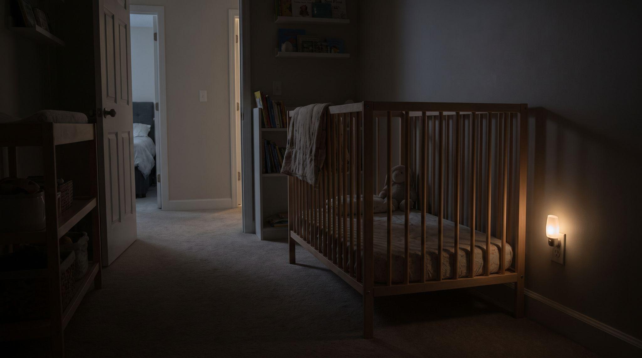 Empty baby crib in a dim bedroom with the doorway visible