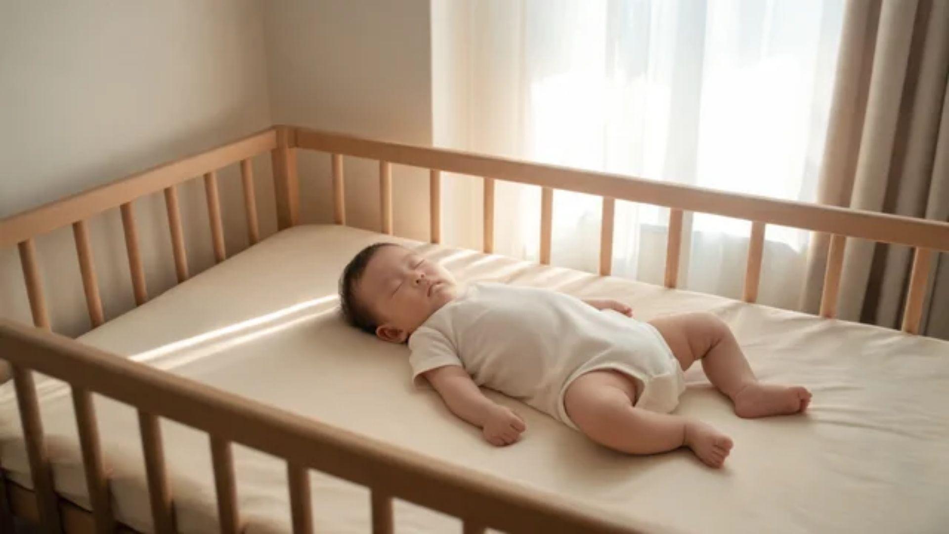 Infant sleeping on their back in a crib with a fitted sheet in a softly lit bedroom