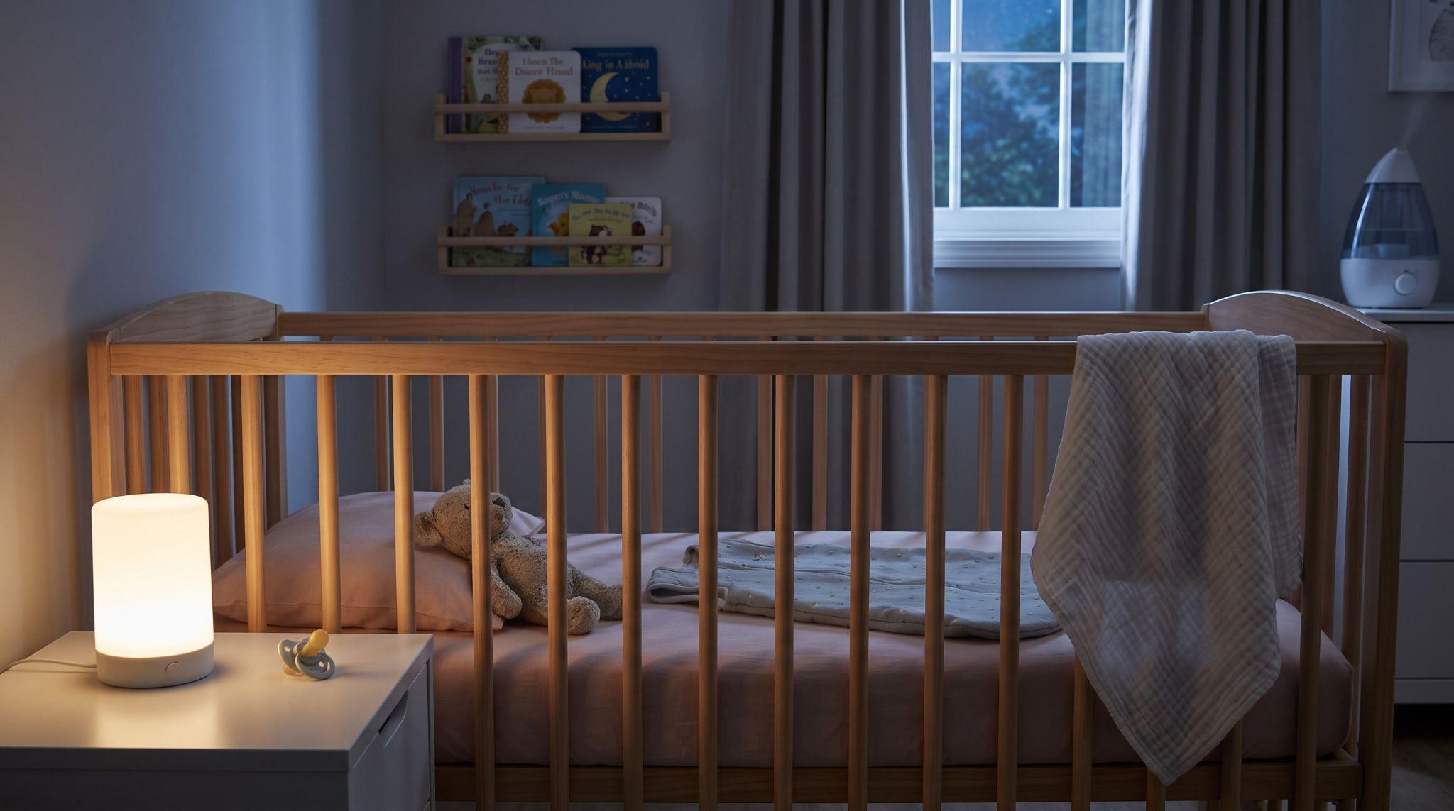 Baby crib and bedtime items in a dim nursery at night