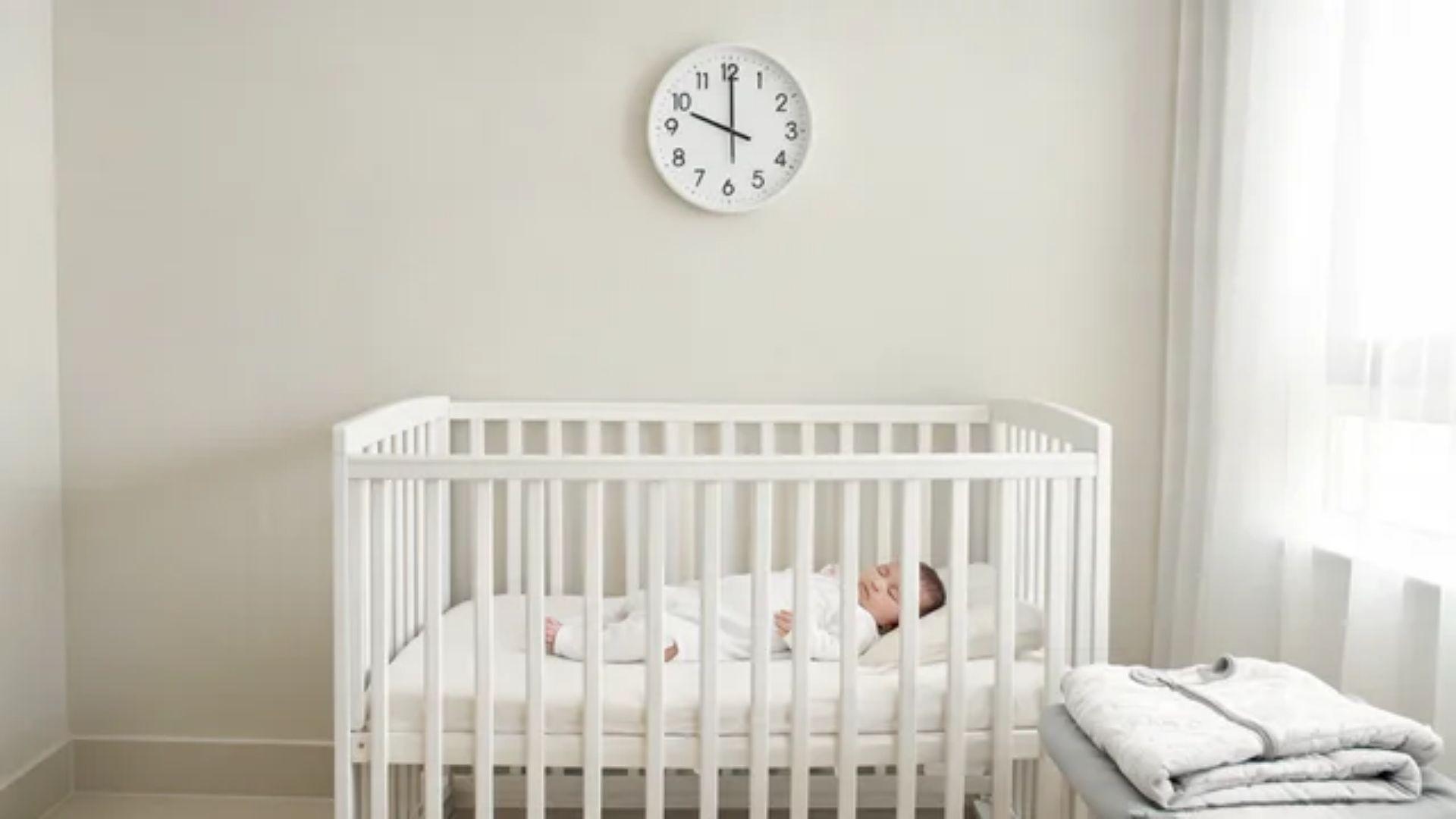 sleeping infant in a crib beside a wall clock in a nursery