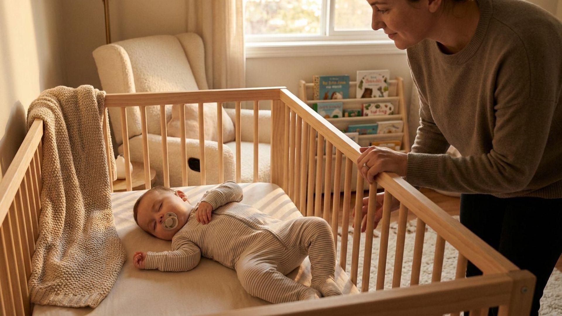 Sleeping baby lying on their back in a crib with a pacifier in their mouth