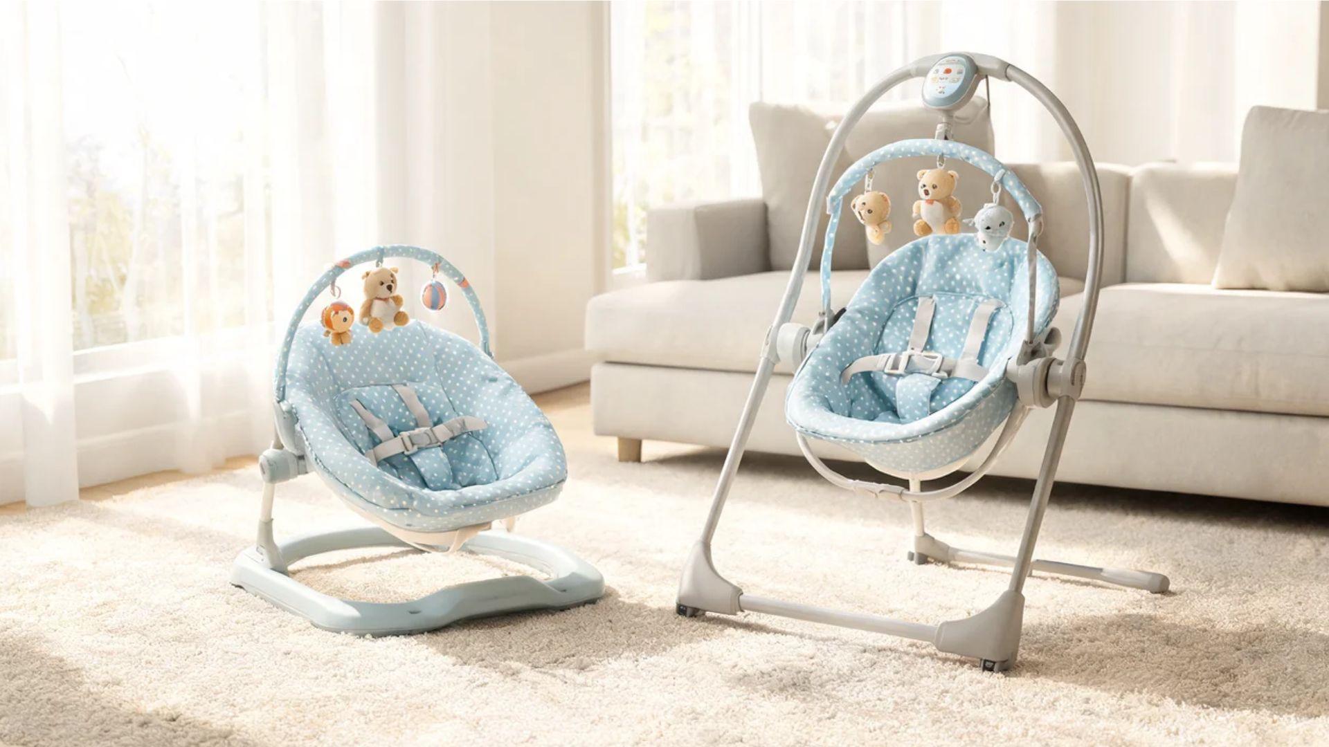 A baby bouncer and motorized baby swing displayed side by side in a bright living room.