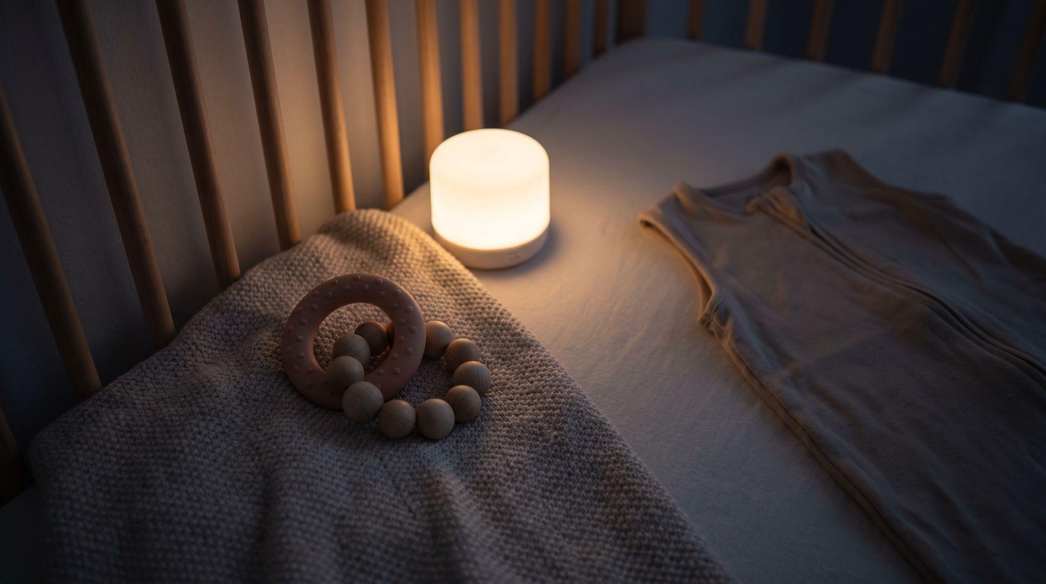 Teething ring beside a baby crib in a dim bedroom
