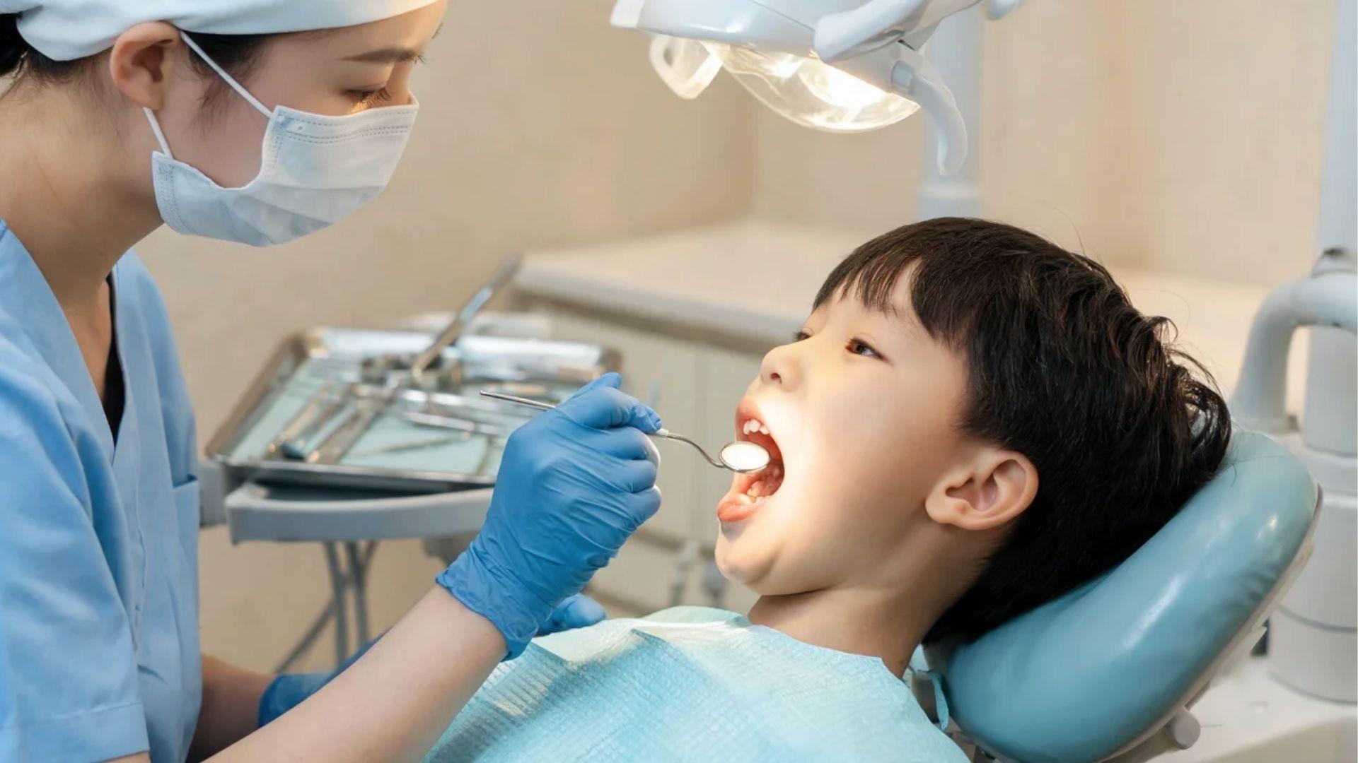 Child having a routine dental checkup while a dentist examines newly erupting molars.