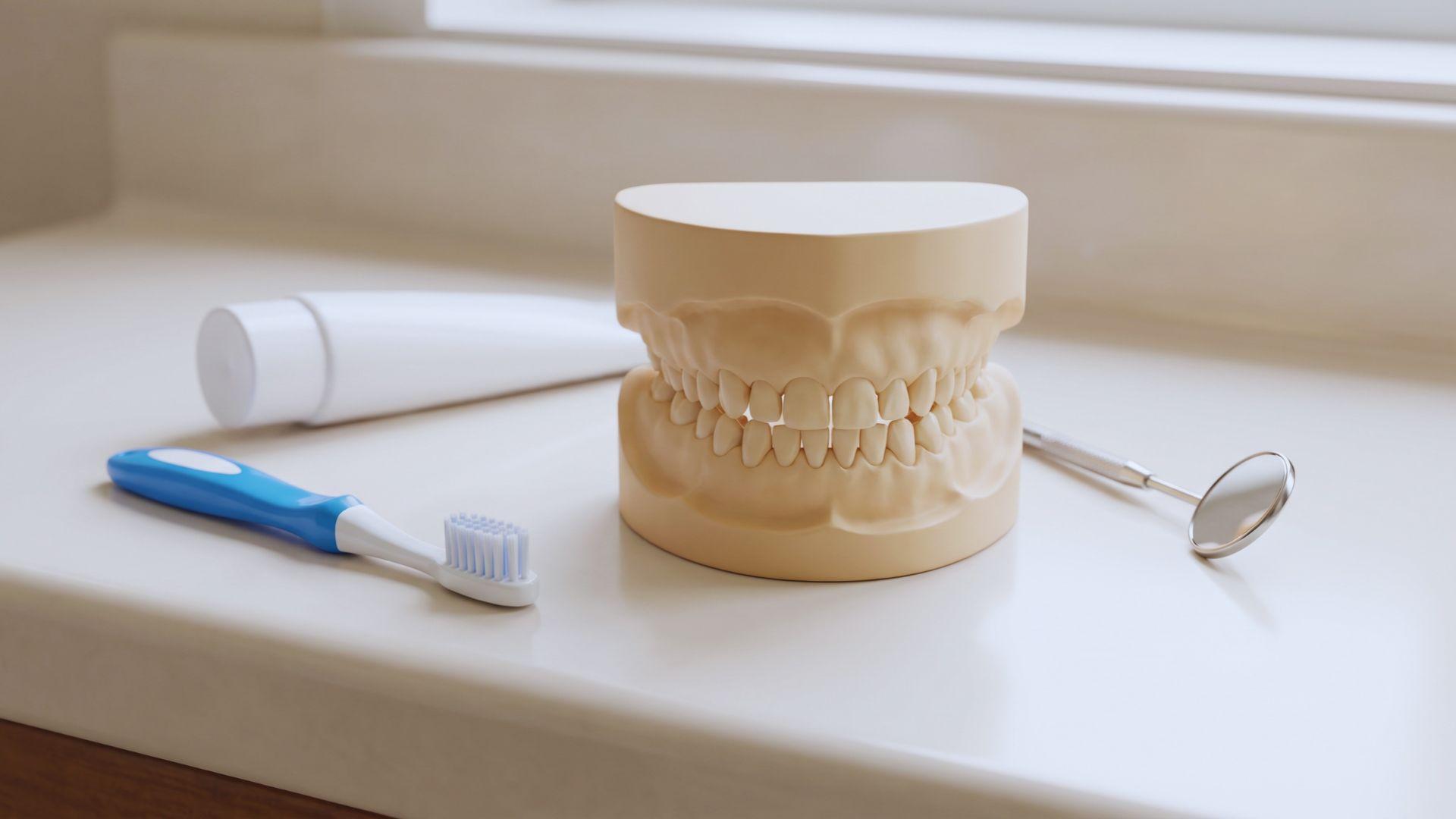 Child-sized toothbrush, unlabeled toothpaste tube, dental mirror, and primary teeth model.