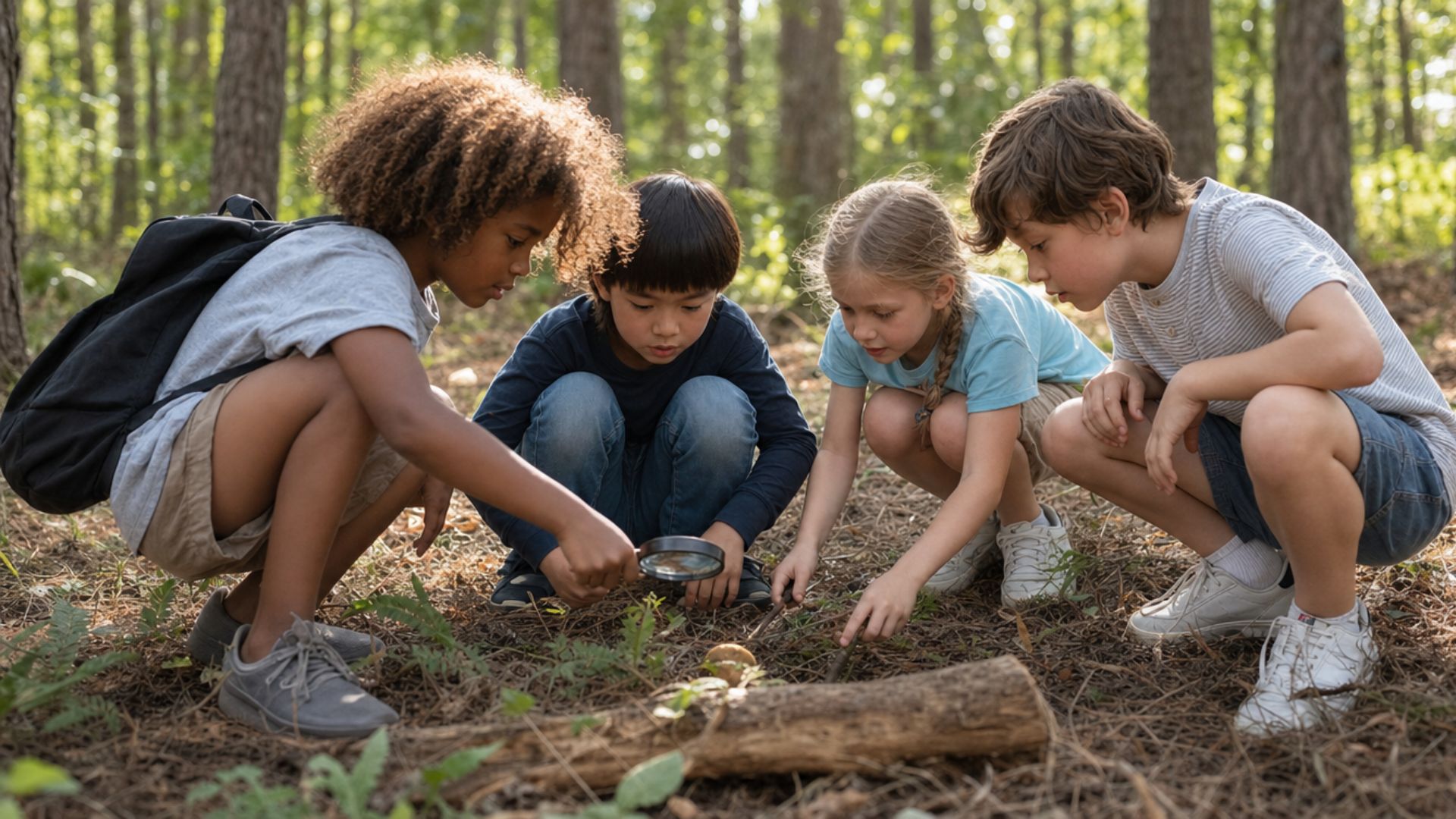 Four children exploring forest floor together using magnifying glass outdoors