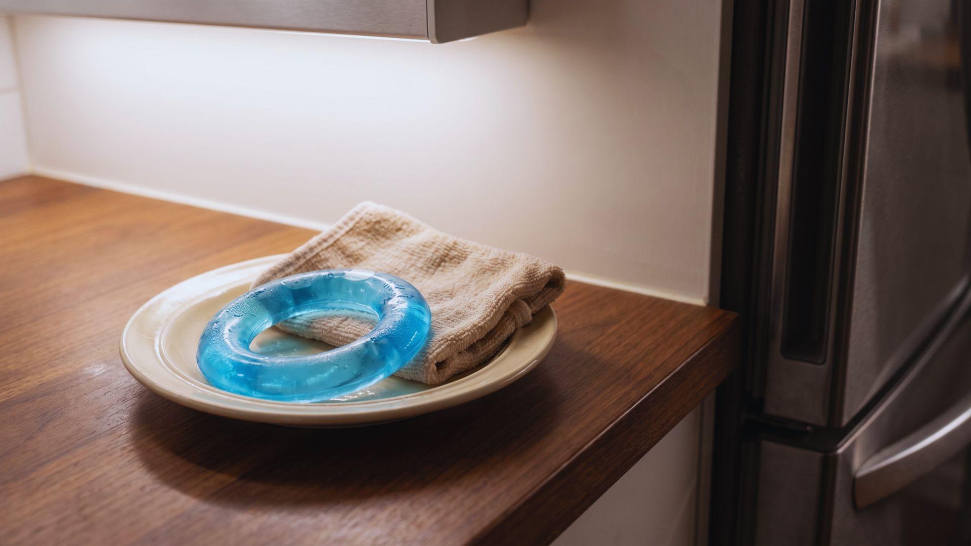 Refrigerator-chilled teething ring beside a clean damp washcloth on a plate.