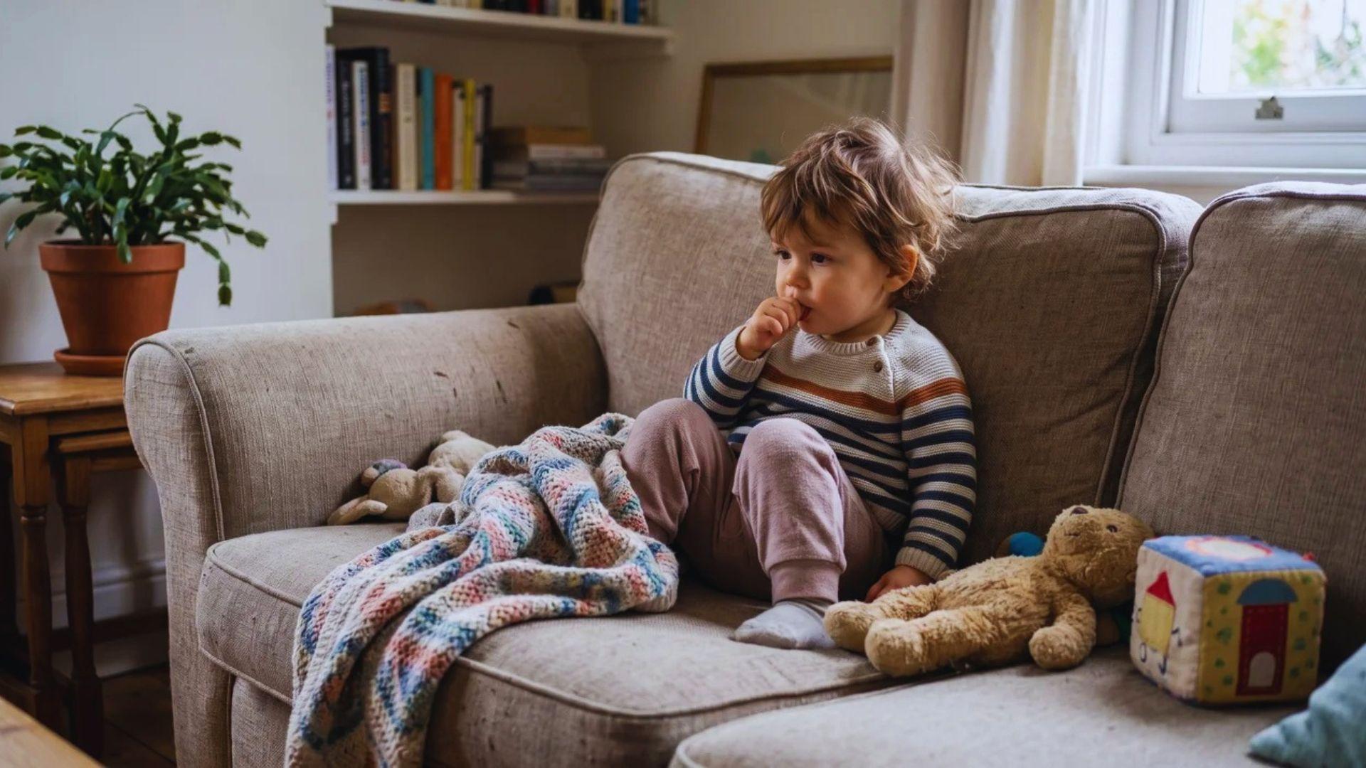 Young child sucking a thumb while sitting beside a blanket and toys.