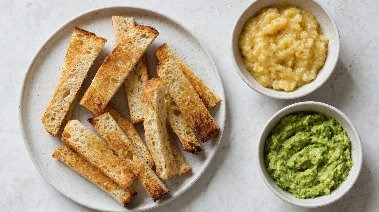 Toasted sourdough finger strips beside small bowls of mashed banana and mashed avocado<strong>File Name”></p>
<p>Most babies can try sourdough bread from around 6 months, once they’re ready for solid food.</p>
<p>As they grow, the question isn’t whether they can have it but how you cut and serve it. Here’s how that plays out at each stage.</p>
<table>
<tr>
<td><strong>Age</strong></td>
<td><strong>Can They Have It?</strong></td>
<td><strong>How to Serve</strong></td>
</tr>
<tr>
<td>6 months</td>
<td>Yes, if your baby shows readiness signs (sits upright, steady head). Wheat is a common allergen, so offer it on its own the first few times.</td>
<td>Lightly toast and cut into finger strips. Skip small, hard crust pieces and salty spreads.</td>
</tr>
<tr>
<td>7 to 9 months</td>
<td>Yes, and it gets easier as chewing improves.</td>
<td>Strips or small pieces with mashed banana, avocado, or thinly spread unsalted nut butter. Stay close while they eat.</td>
</tr>
<tr>
<td>12+ months</td>
<td>Yes, it can be part of regular meals. Honey is safe from 12 months, not before, and that includes honey baked into bread. Keep checking labels for salt.</td>
<td>Small bite-sized pieces. Soften crusty parts with a spread if needed.</td>
</tr>
</table>
<h2>Cutting and Serving Sourdough Bread for Babies</h2>
<p><img decoding=