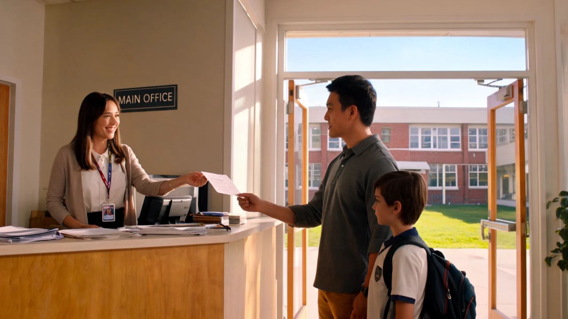 Father and son handing paper to woman at school main office reception desk
