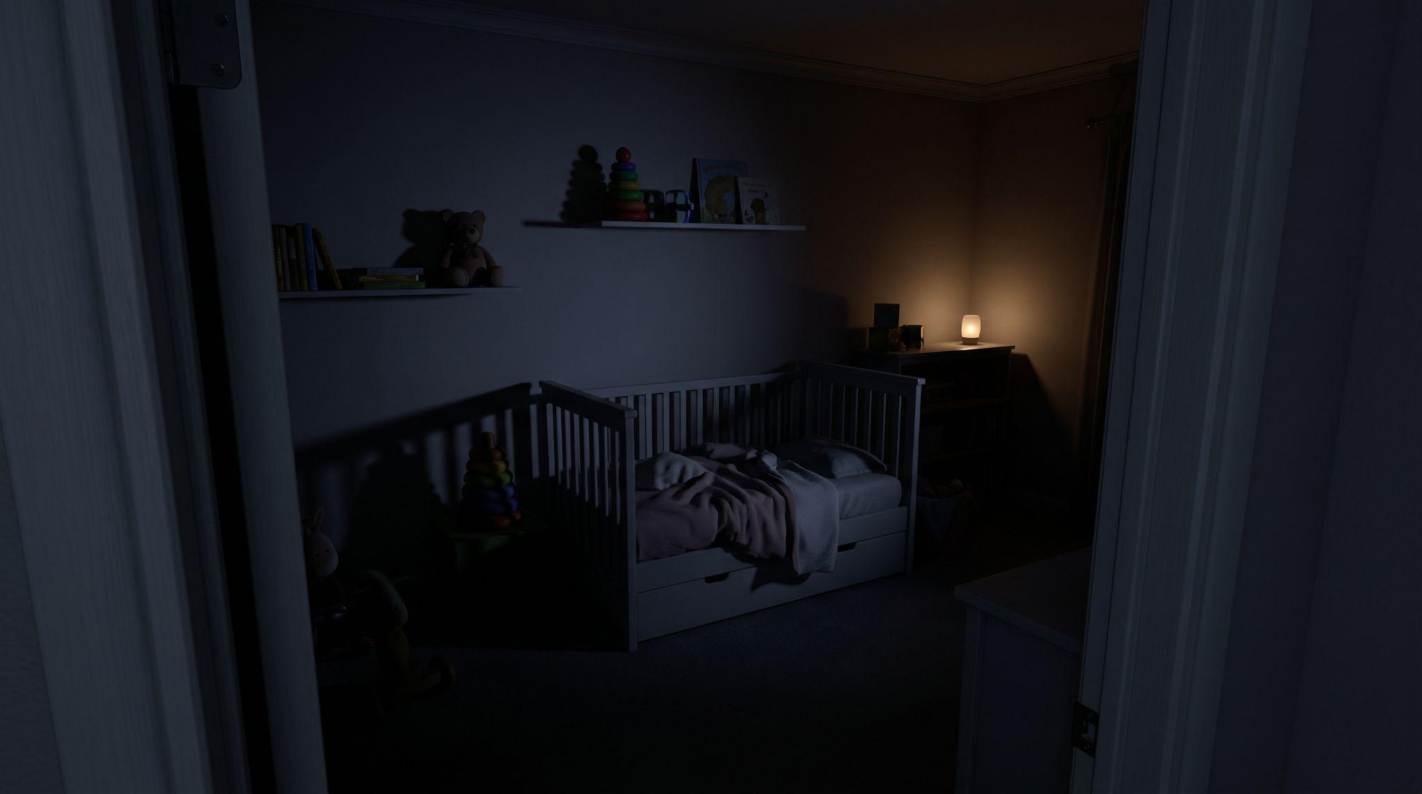 Child's bedroom at night with ordinary objects casting shadows in dim light