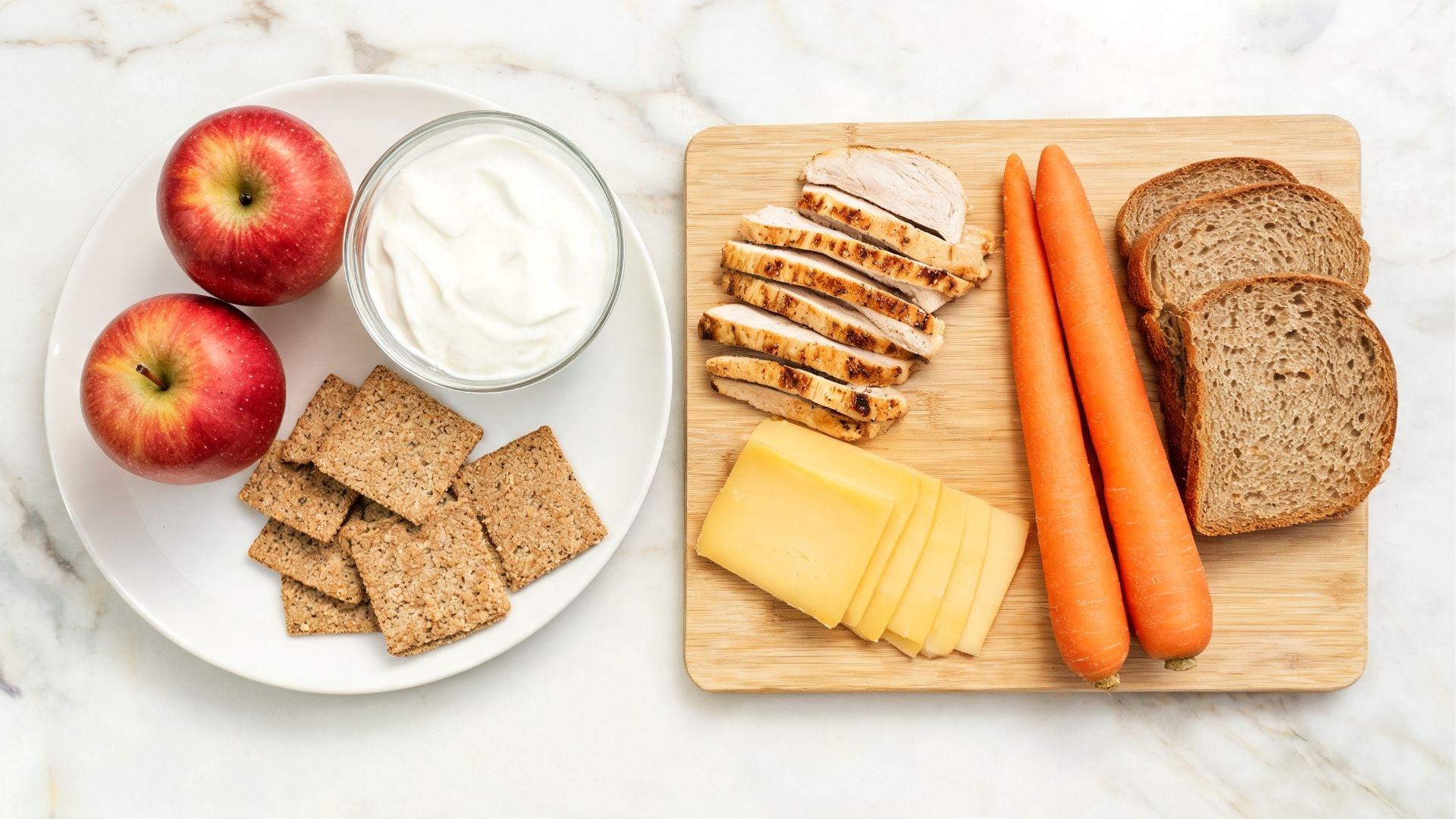 Healthy foods that support strong teeth and molars, including fruits, vegetables, and dairy.