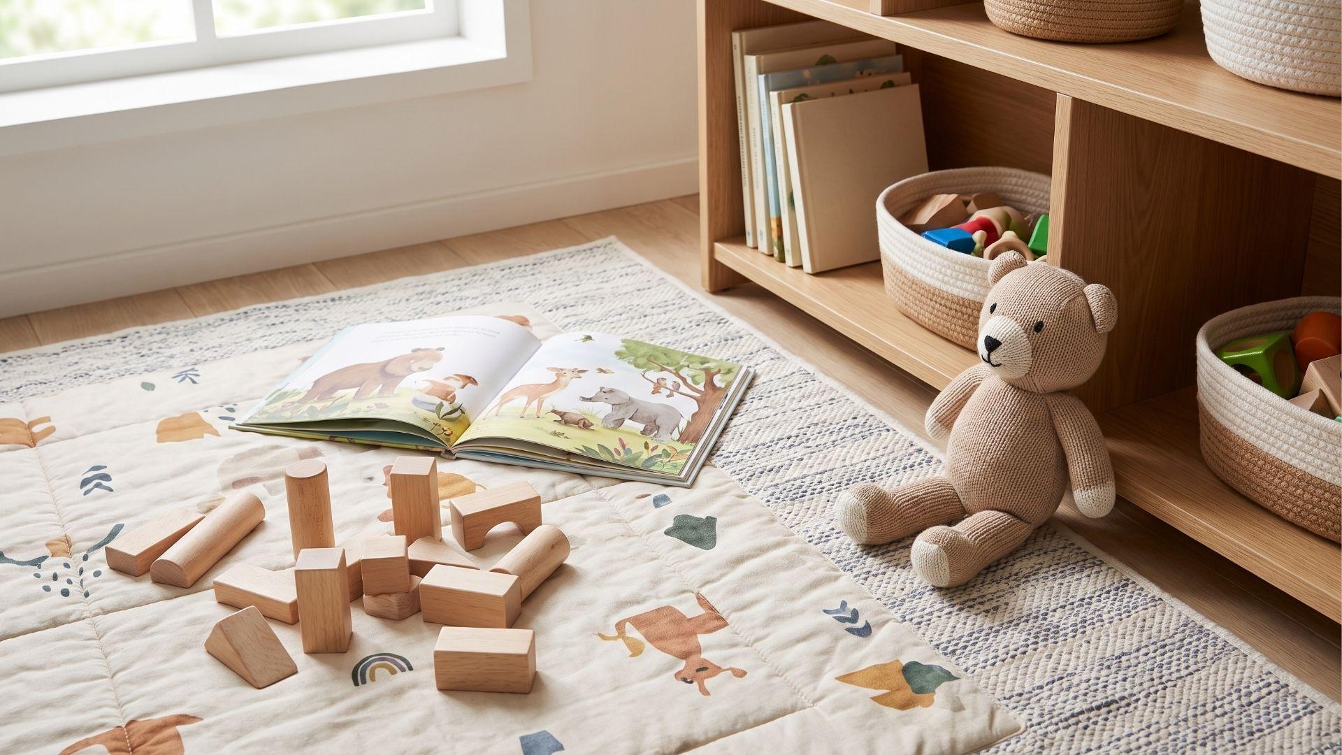 Wooden building blocks, an open picture book, and a soft toy on a play mat