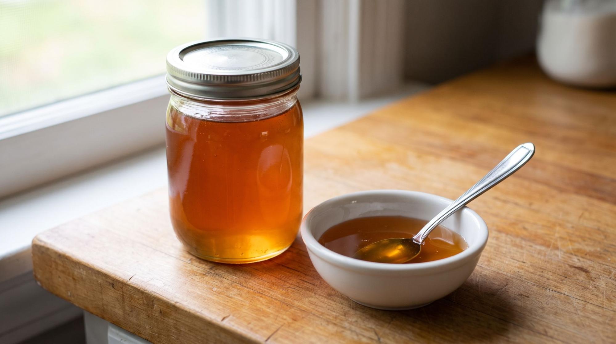 Jar of honey beside a spoon and small bowl of honey