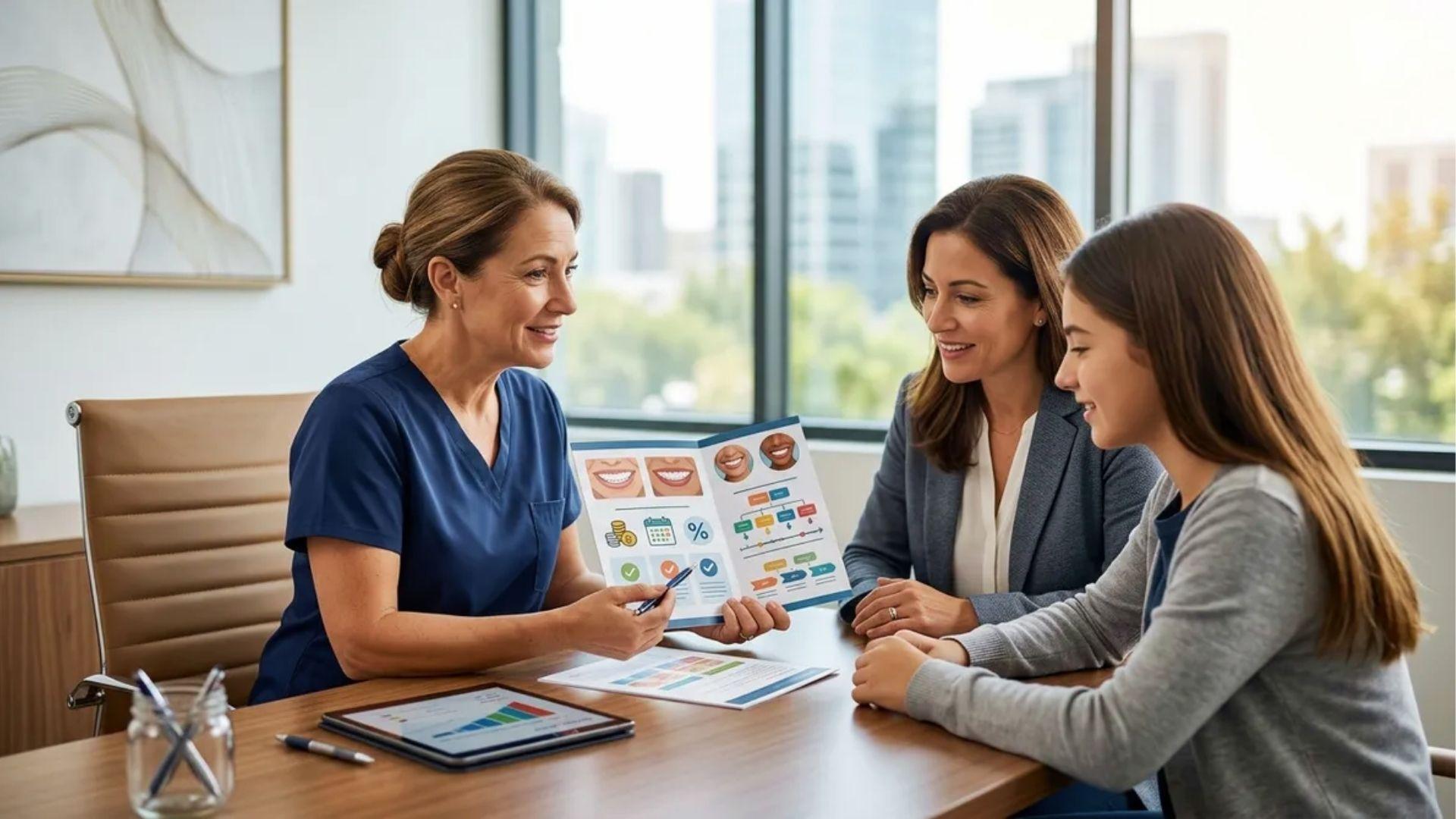 Female orthodontist explaining kids braces cost and payment options to mother and teen daughter.