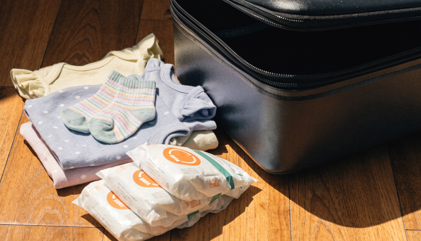 Open black travel bag beside folded pastel baby onesies, socks, diapers.