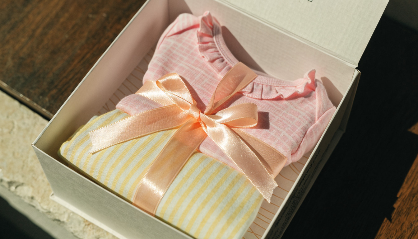 Folded pastel baby onesie and pants tied with ribbon in open gift box.