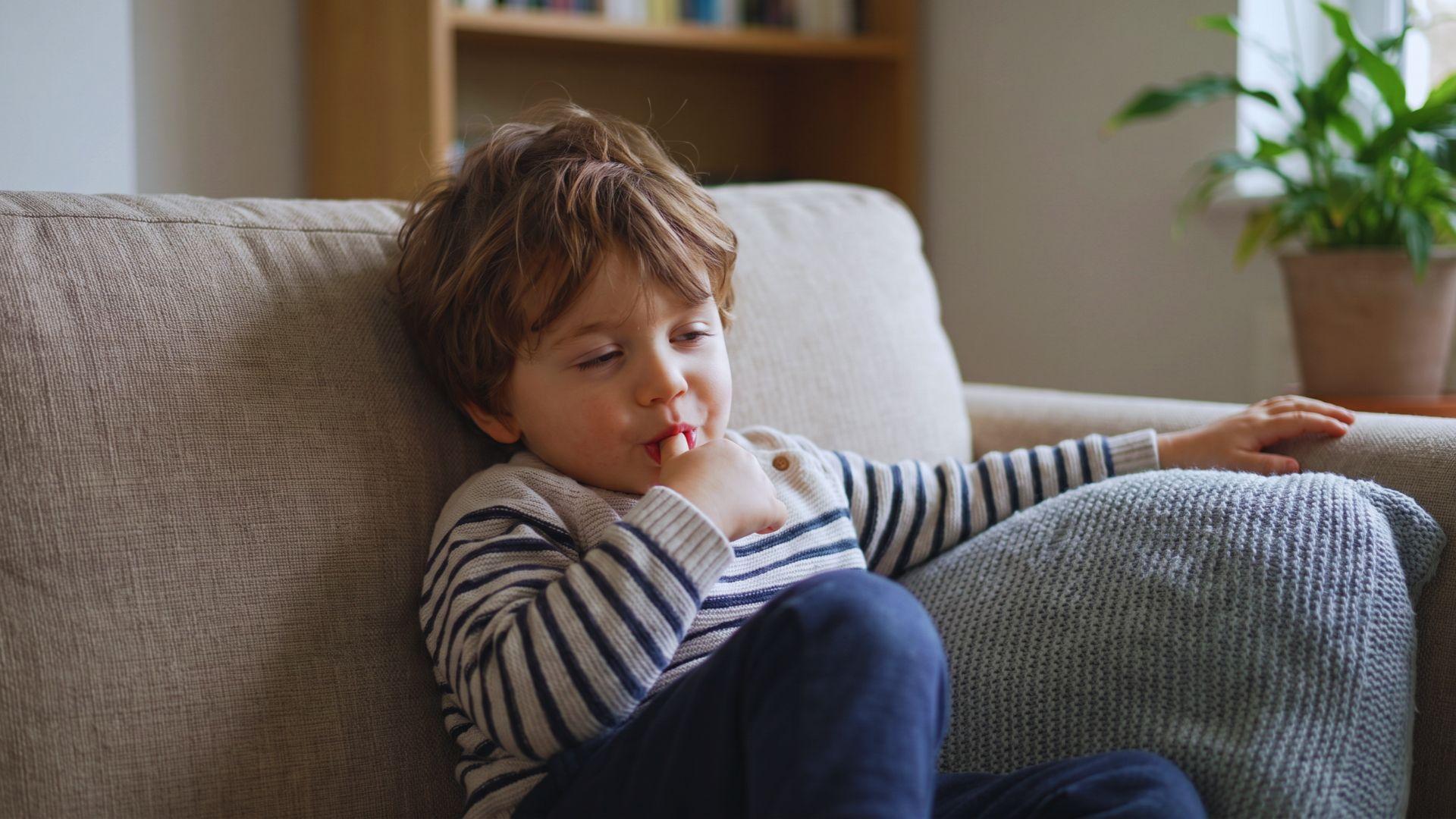 Toddler sitting on a sofa with a thumb in the mouth.