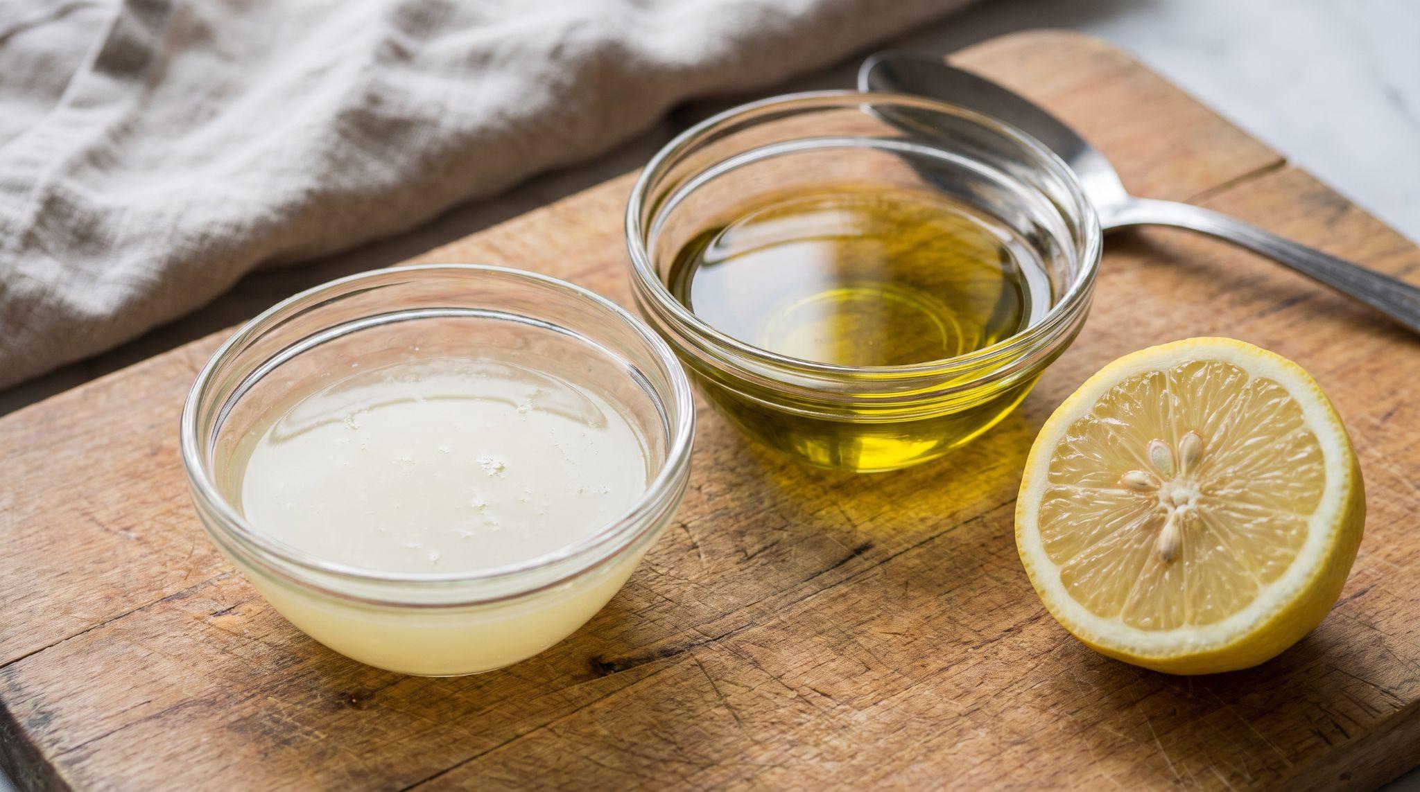 Lemon juice and olive oil in small bowls beside a lemon half