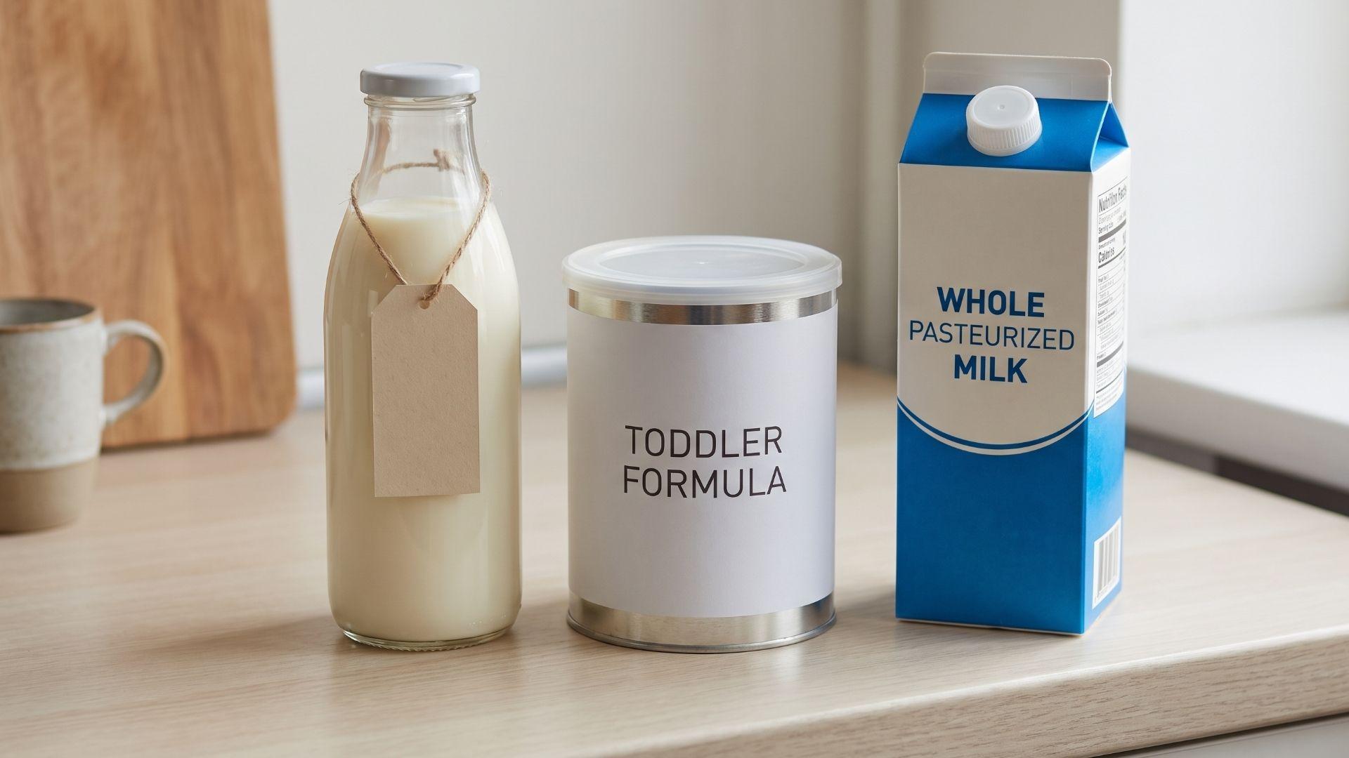 Raw milk, toddler formula, and whole pasteurized milk arranged on a kitchen counter