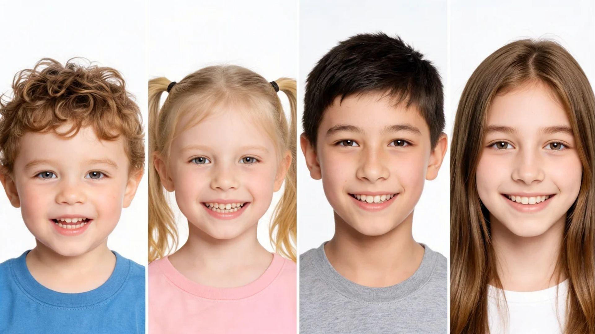Children of different ages representing the typical stages of molar eruption.