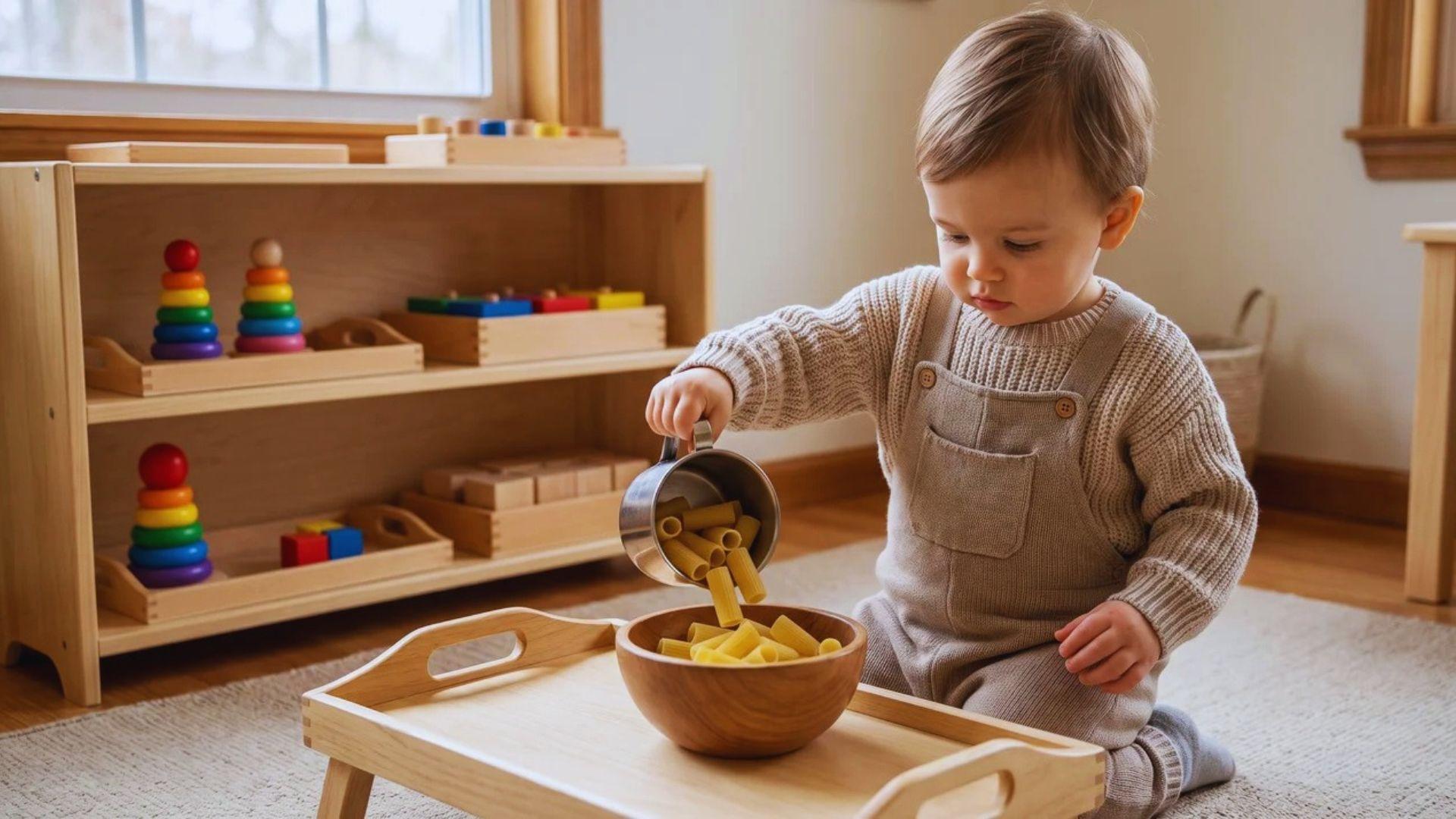 Toddler pouring large dried pasta from a small pitcher into a bowl on an activity tray.