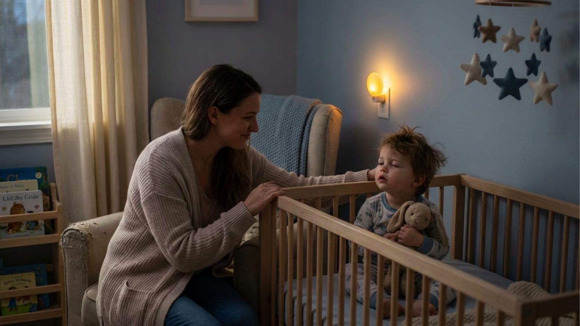 Mother beside a child sitting in a crib in a nursery