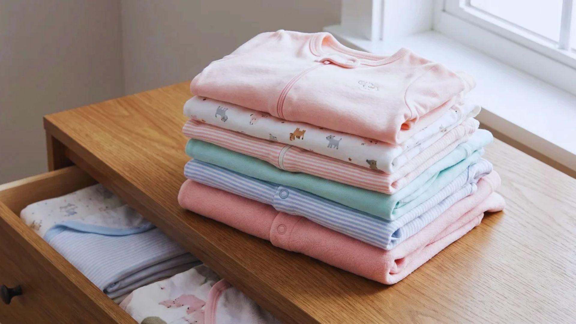 Newborn and 0-3 month sleepers arranged in a stack on a dresser.