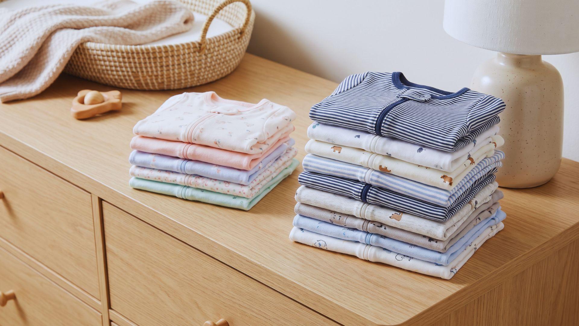 A small stack of newborn sleepers sits beside a larger stack of 0–3 month sleepers.