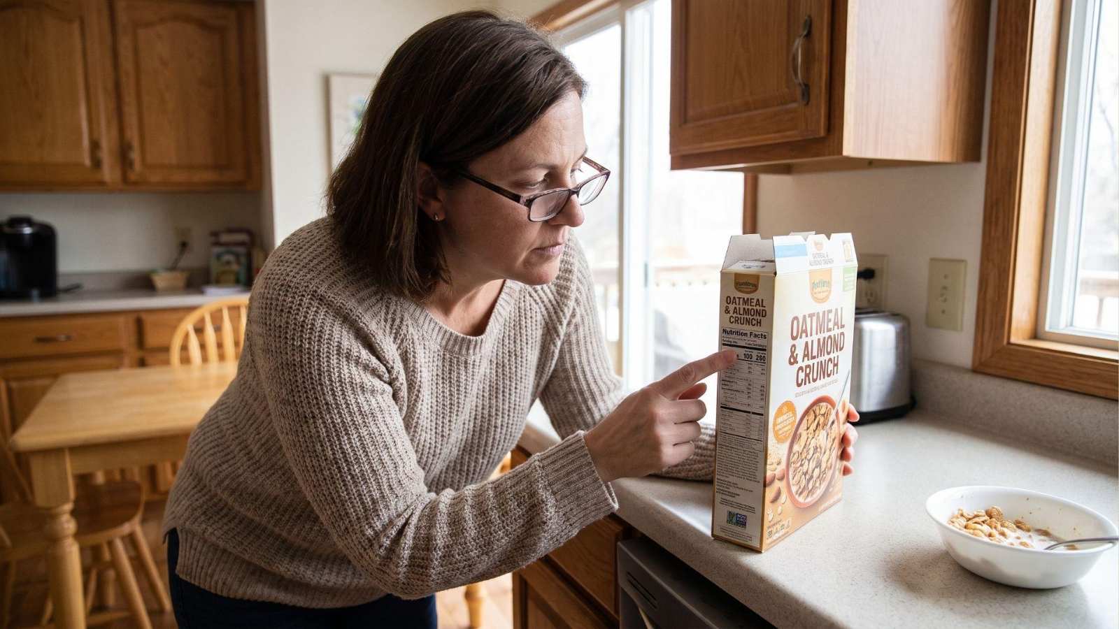 Parent reading the ingredient label on a cereal box in a kitchen