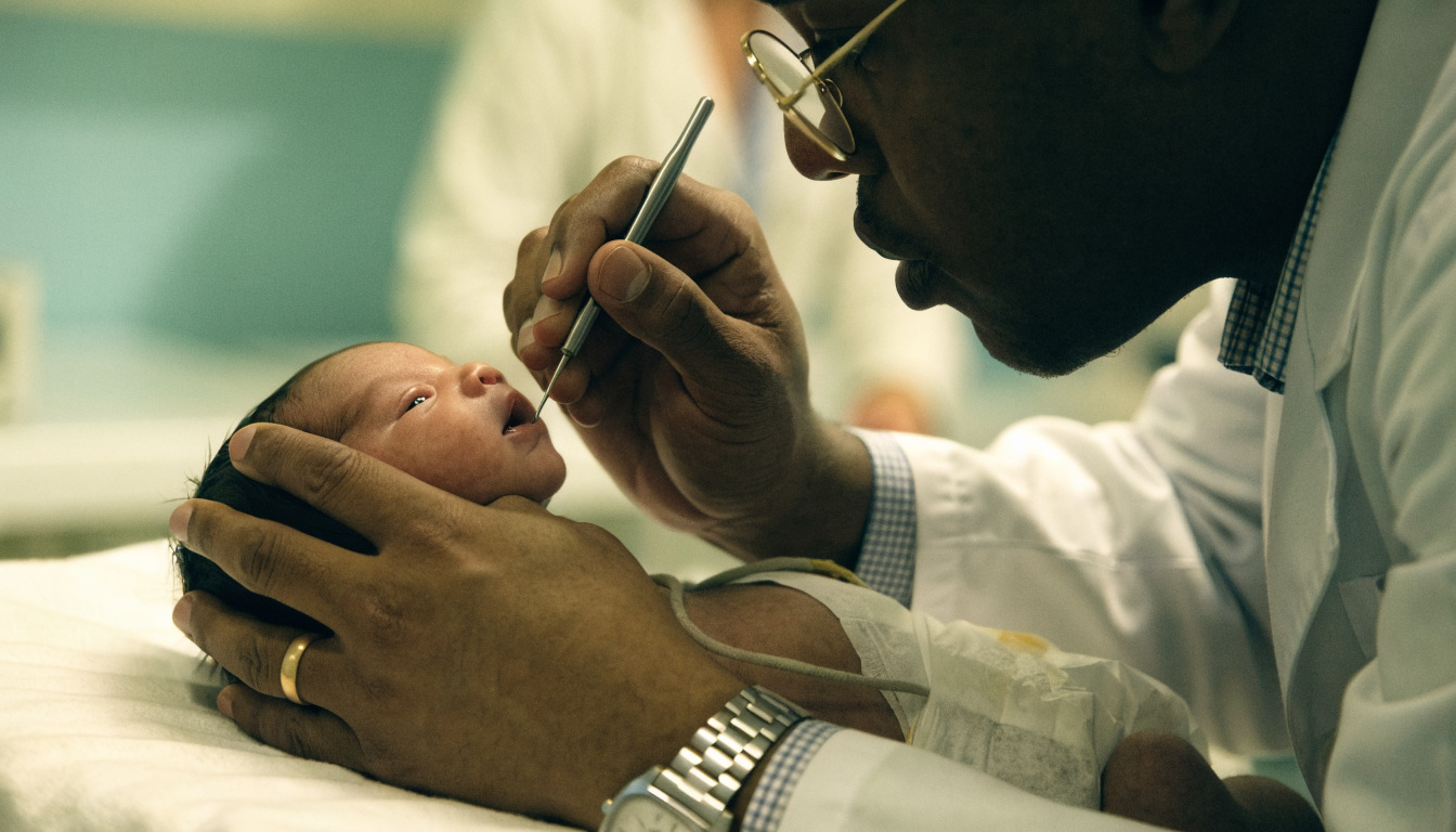 Pediatric dentist gently examining a newborn’s lower natal tooth with a gloved finger.
