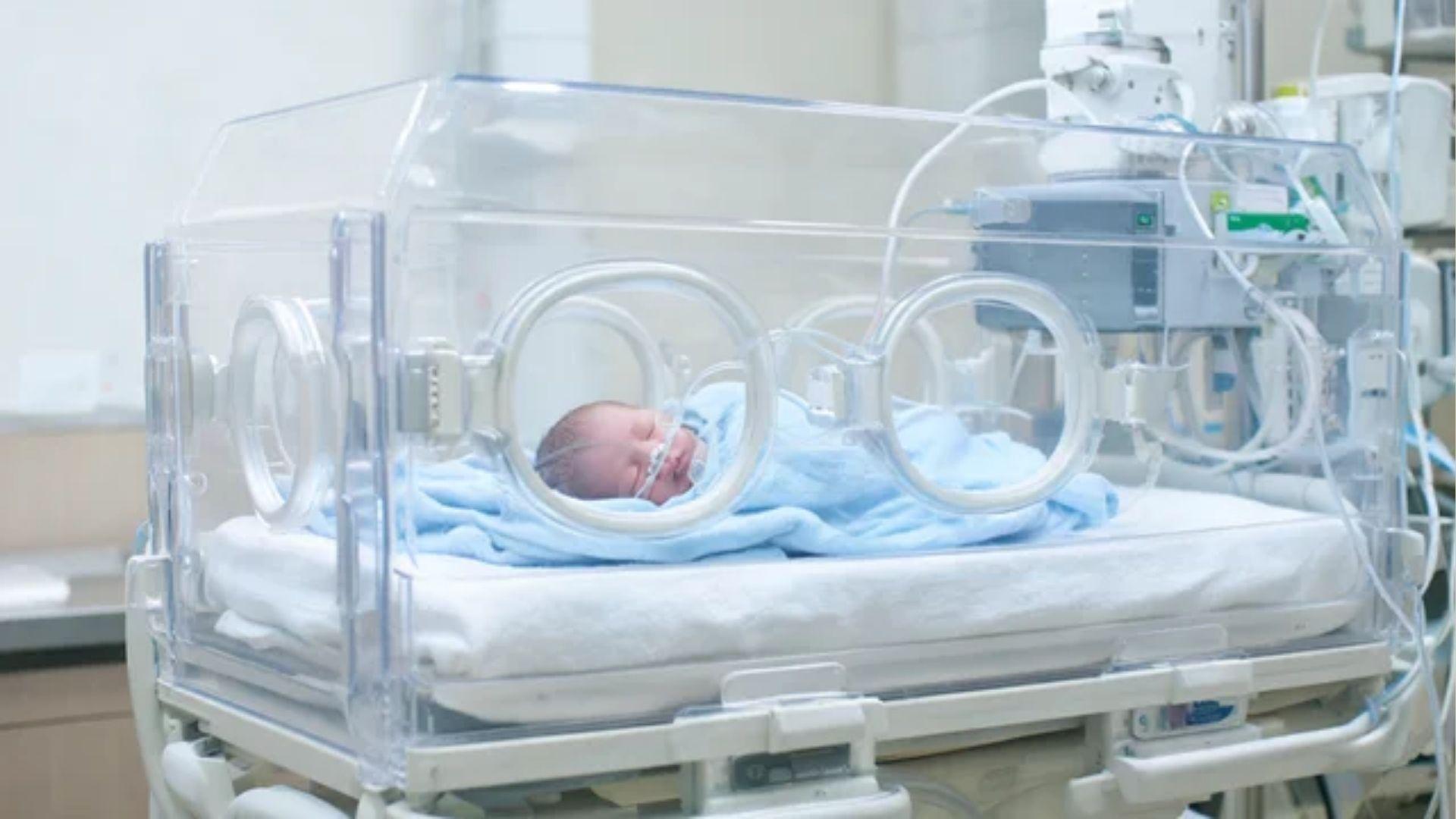 Premature newborn resting in a neonatal incubator with breathing support equipment