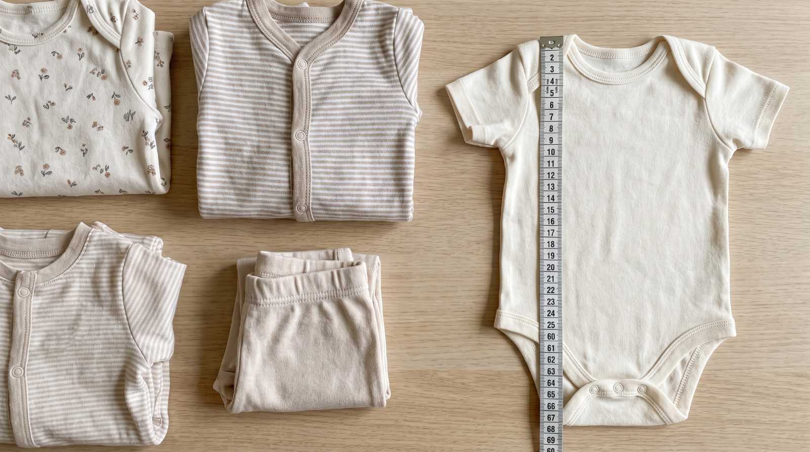 Baby clothes arranged with a measuring tape for height-based sizing