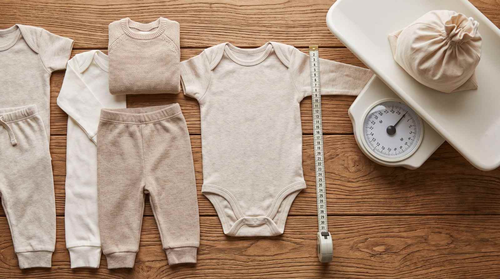 Baby clothes beside measuring tools for checking height and weight