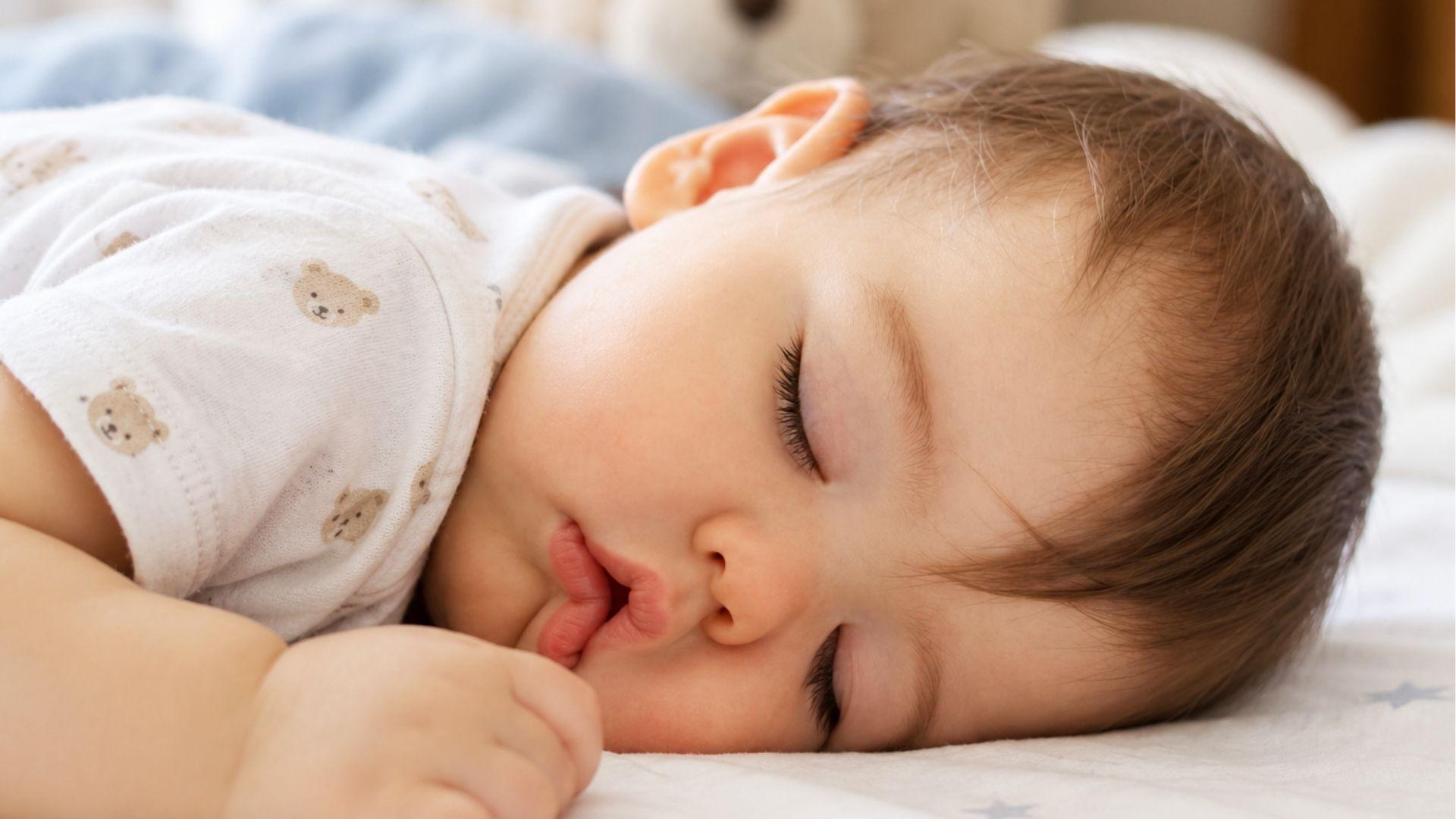 A peacefully sleeping baby in a bear-print onesie lying on a soft white bed.