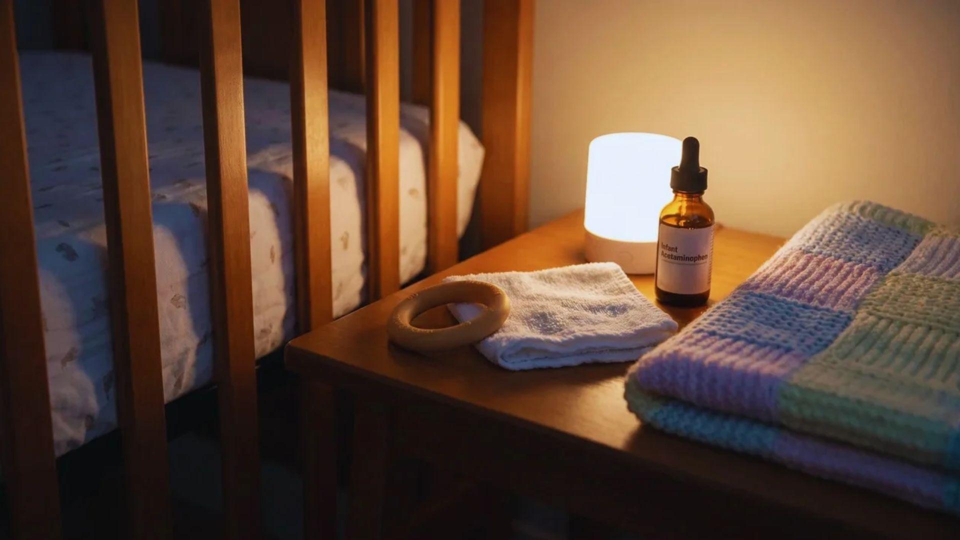 Teething ring, damp washcloth, baby blanket, and infant medicine arranged beside a crib.