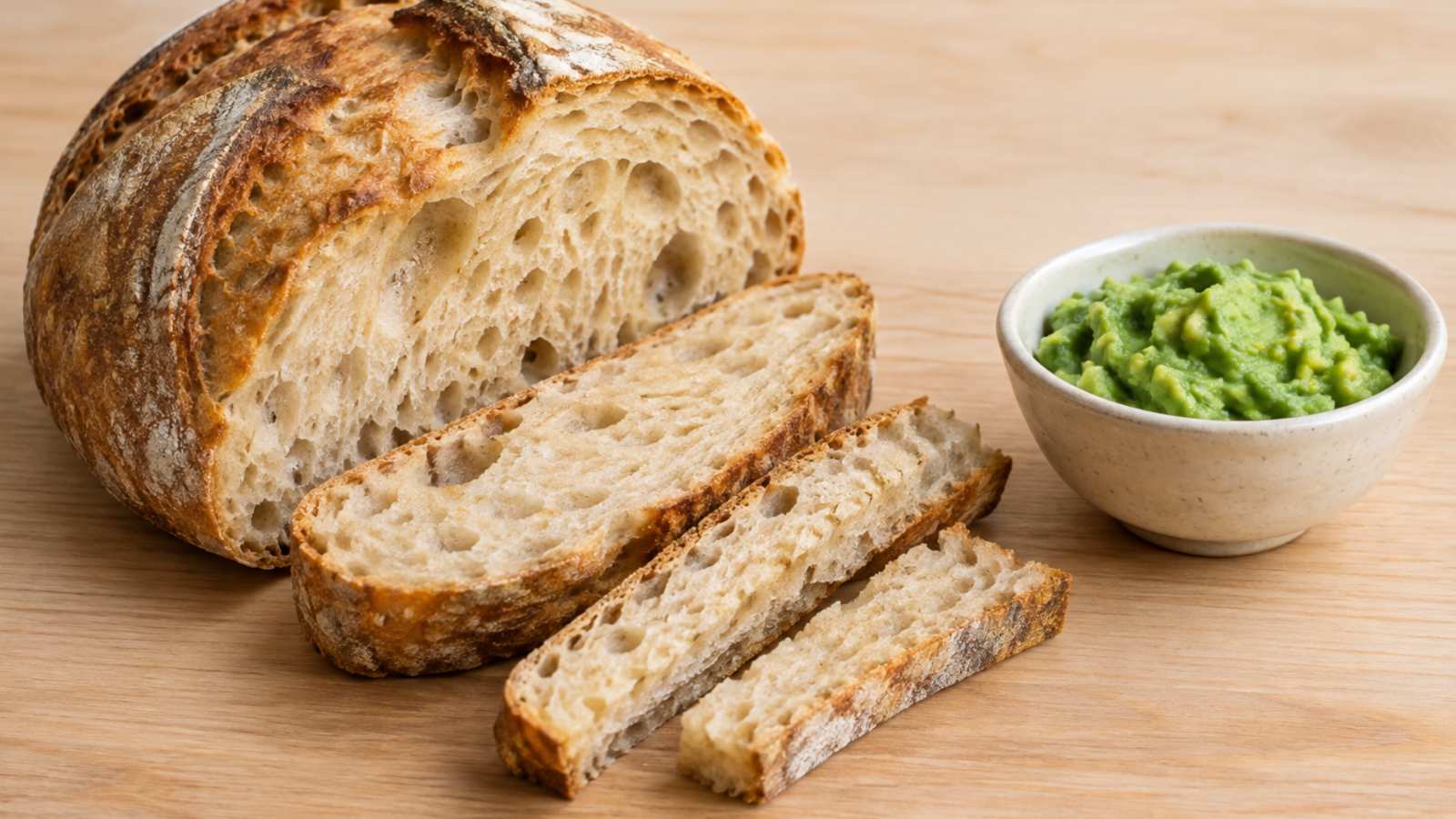 Sliced sourdough loaf with two finger-width strips cut and a small dish of mashed avocado on a wooden surface