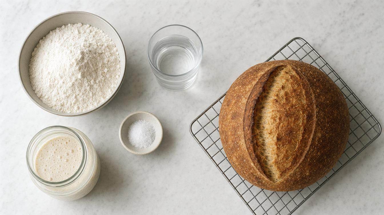Flour, water, salt, and a jar of sourdough starter laid out beside a plain loaf