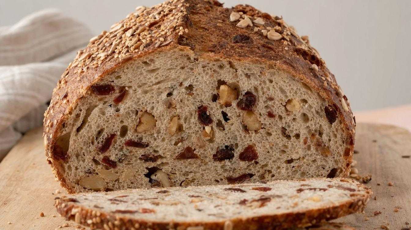 Sliced sourdough loaf with seeds and dried fruit visible in the crumb