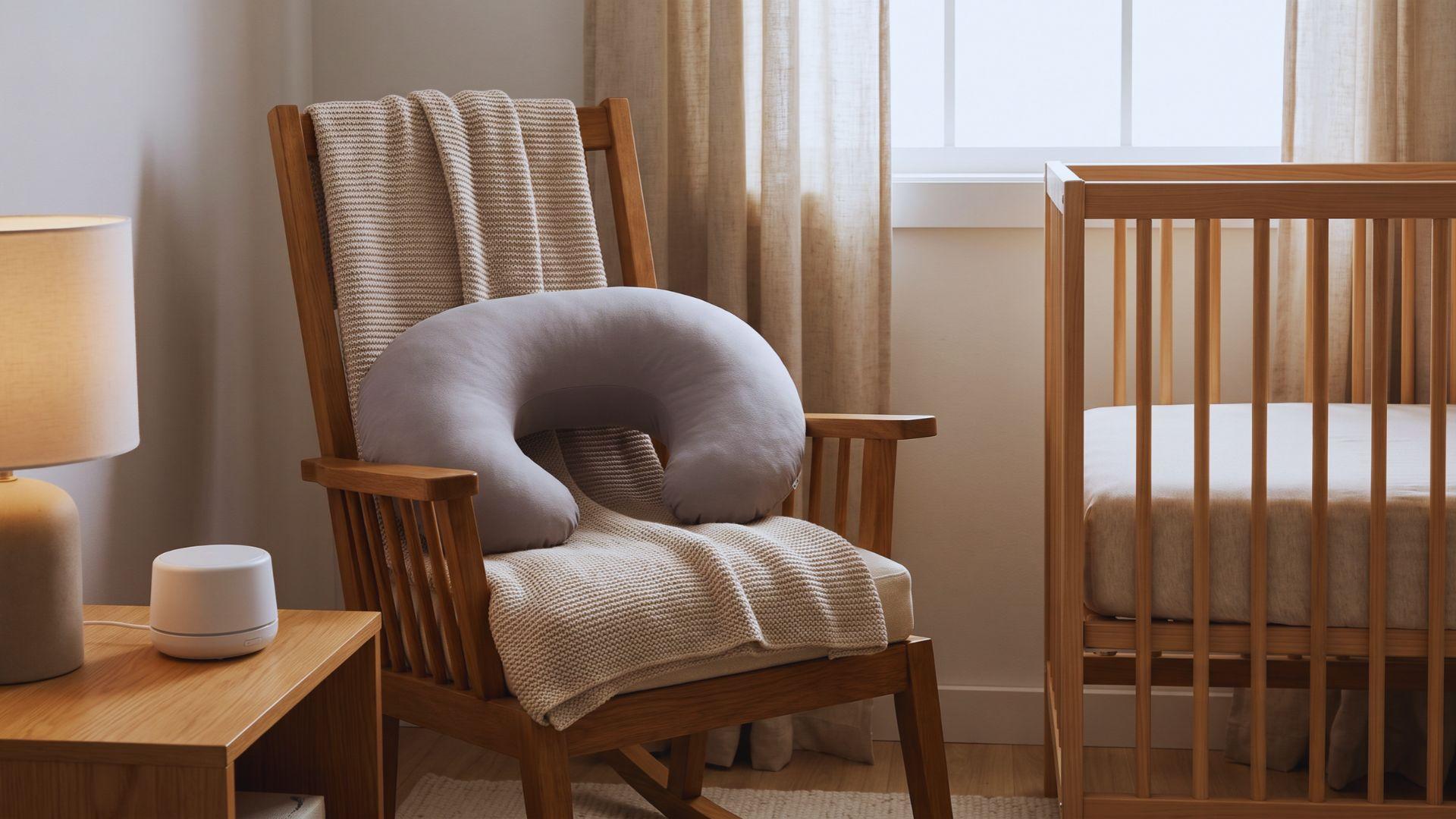 Baby blanket, nursing pillow, and white-noise machine arranged beside a crib.