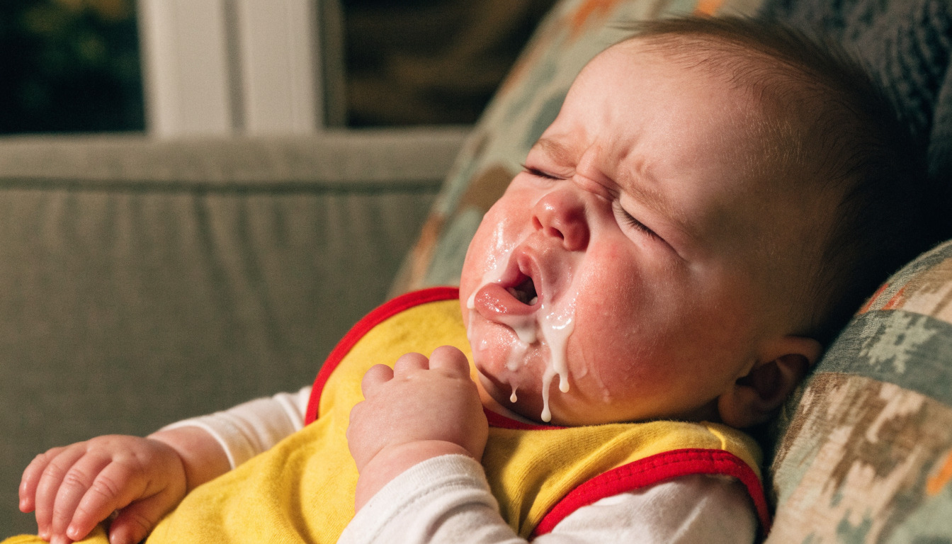 Baby vomiting milk around mouth and chin.
