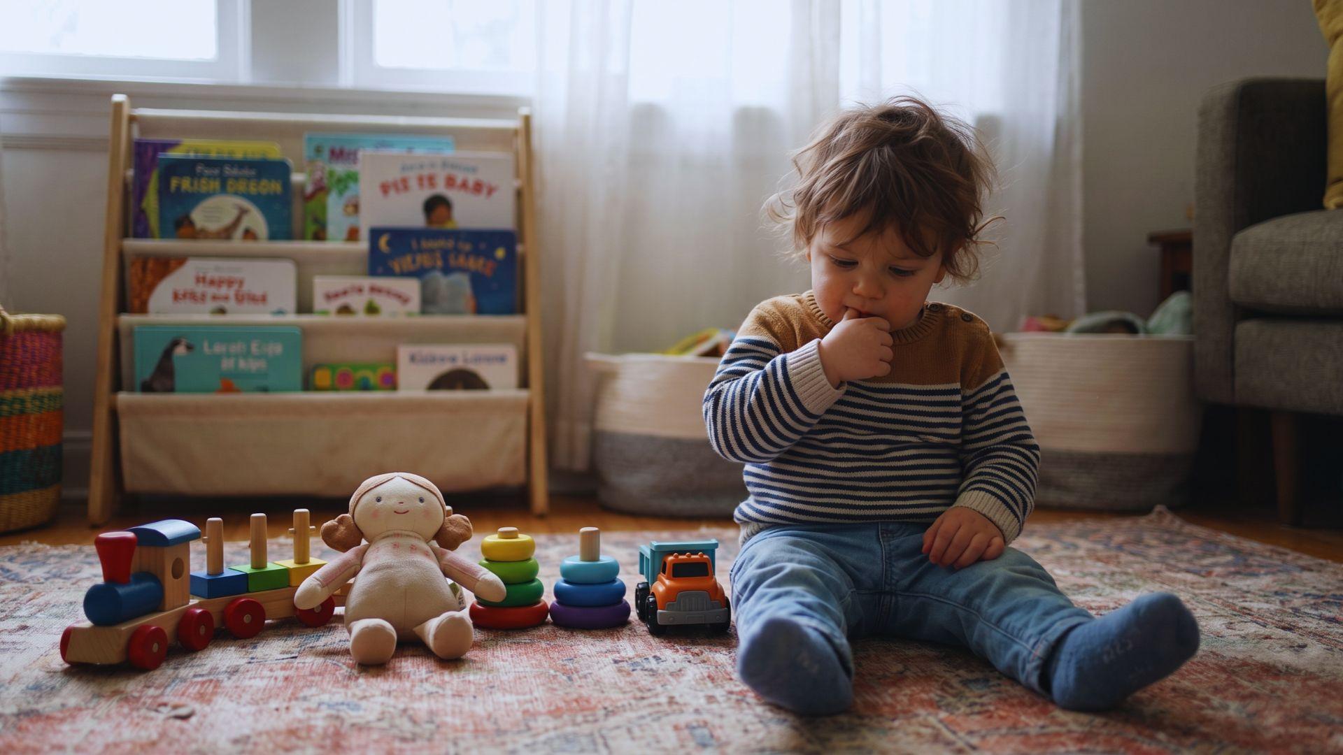 Young child sucking a thumb while sitting beside toys arranged in a line.