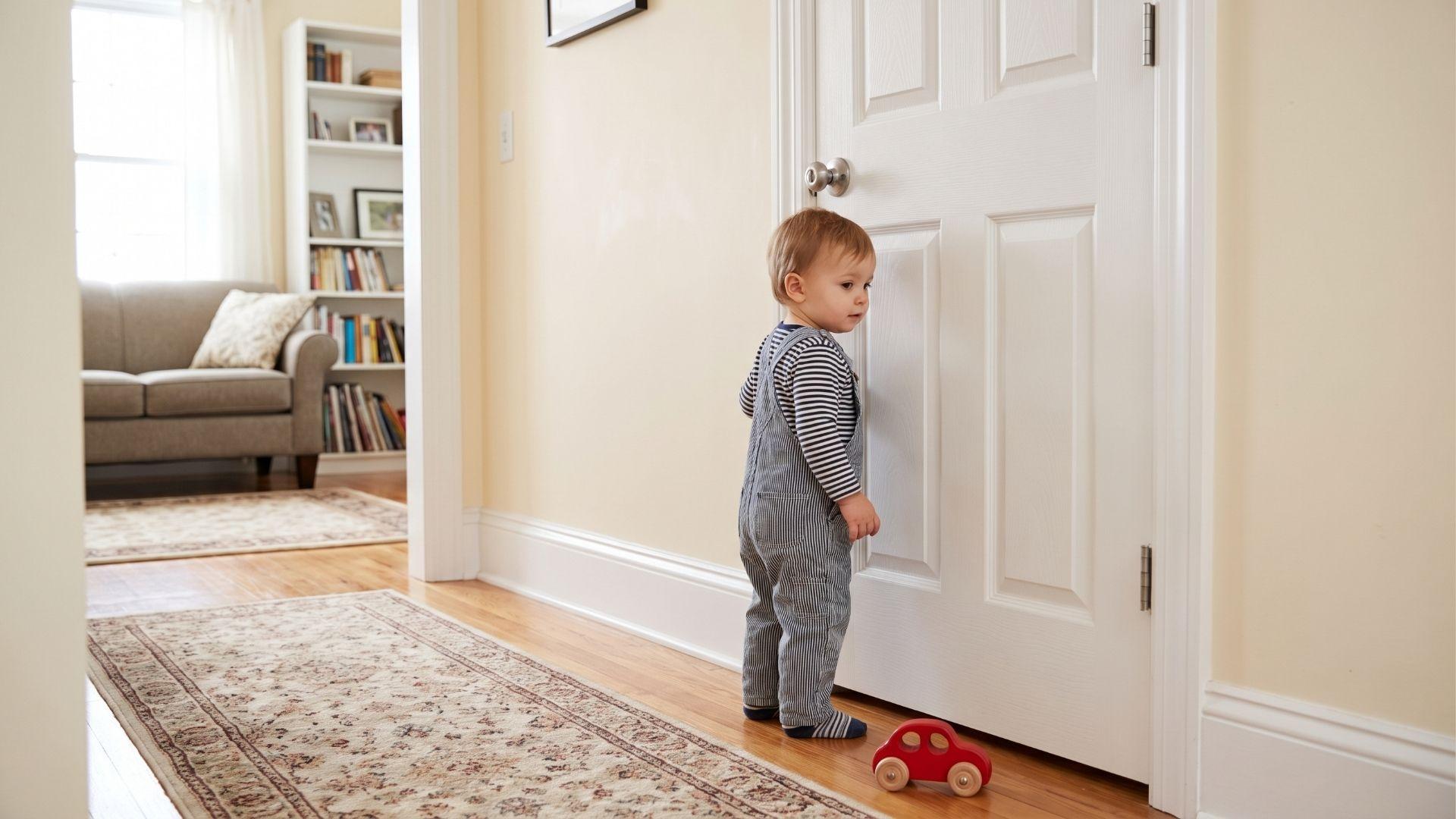 Small toy on the floor beside an open doorway in a home hallway