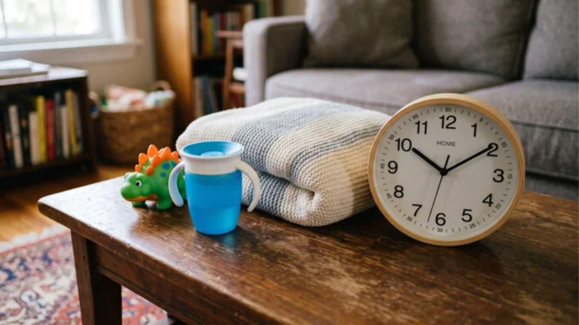 Child's cup, small toy, folded blanket, and analog clock on a low table